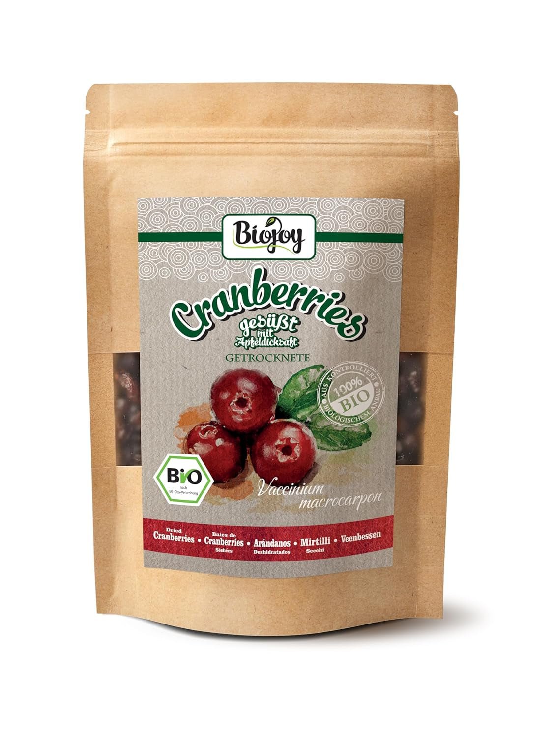 Biojoy ekologiczna żurawina suszona (1kg), żurawina słodzona syropem jabłkowym Produkty suszone Naty Shop 250 G