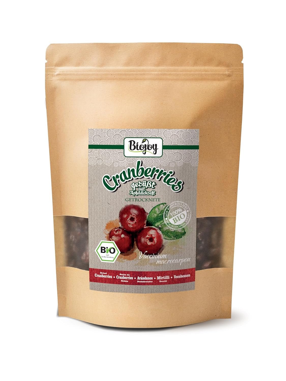 Biojoy ekologiczna żurawina suszona (1kg), żurawina słodzona syropem jabłkowym Produkty suszone Naty Shop 500 G