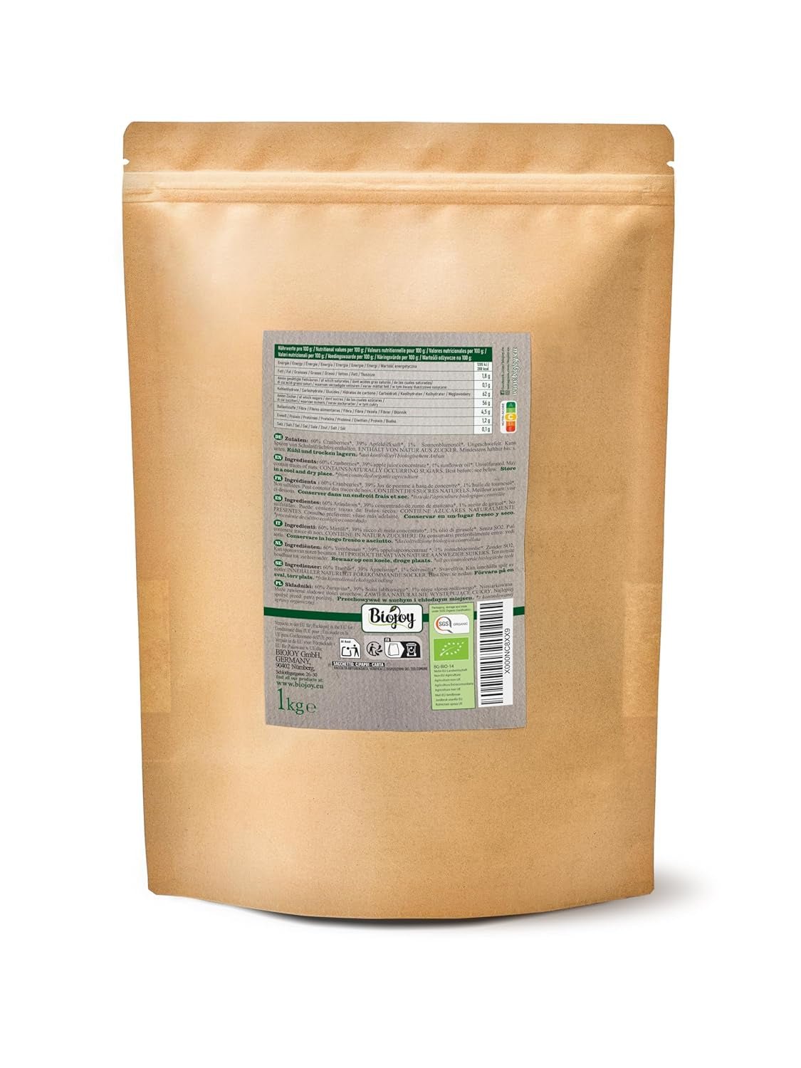 Biojoy ekologiczna suszona żurawina (1kg), żurawina słodzona syropem jabłkowym. Produkty suszone Naty Shop