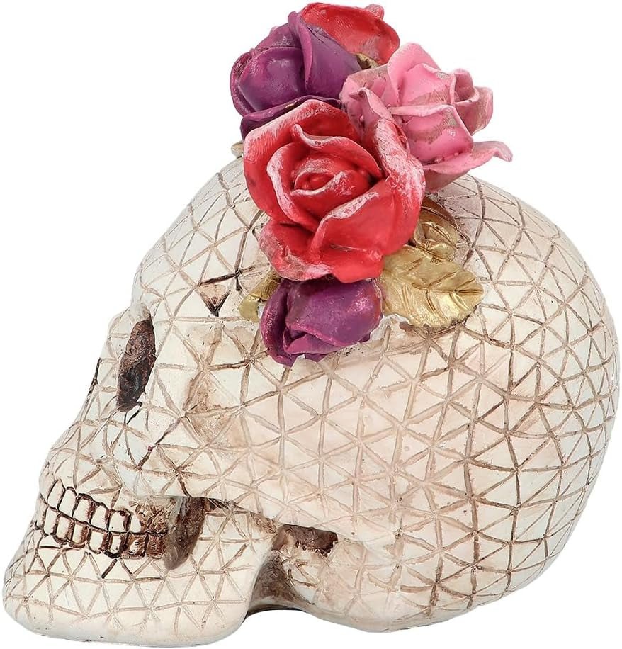 Boland 73089 - Dekoracja czaszki z różami, czaszka z wieńcem kwiatowym, dekoracje stołu na Halloween i karnawał, statuetki i rzeźby Dia de los Muertos Naty Shop