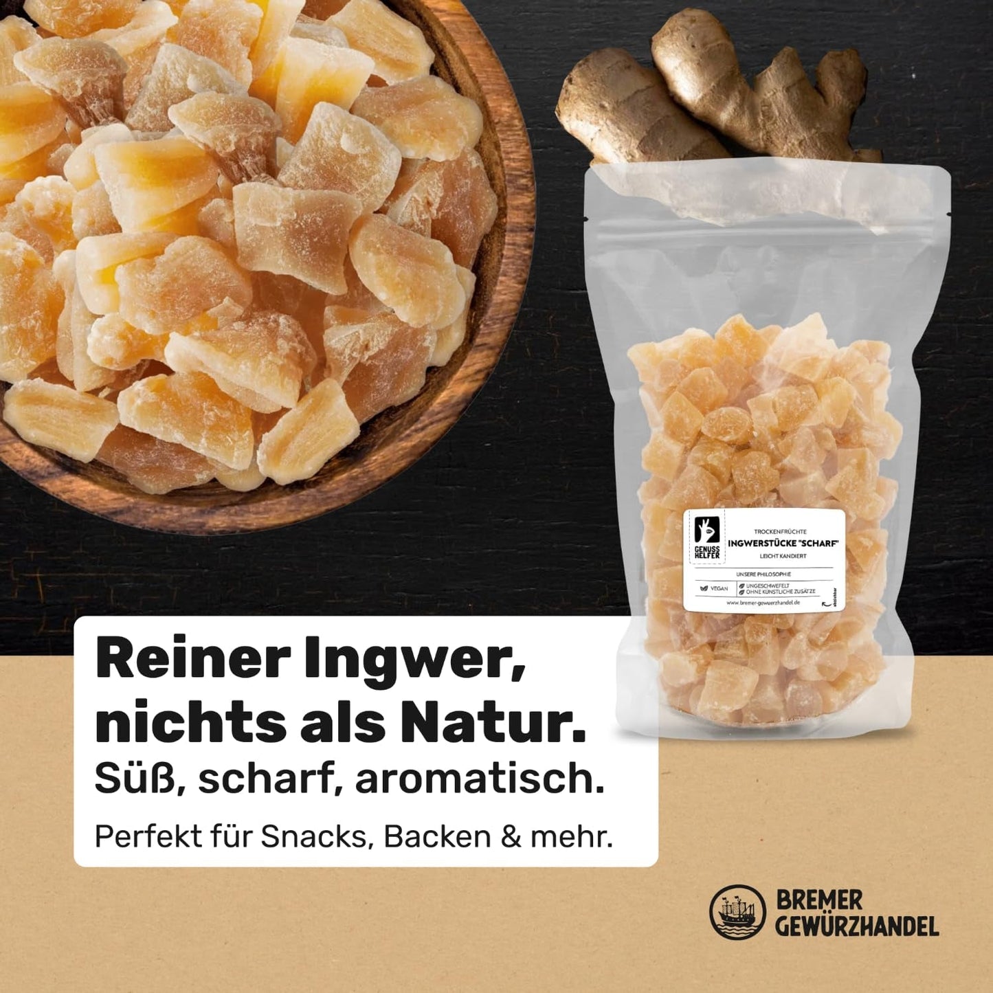 Bremer Gewürzhandel imbir, kawałki suszonych owoców przyprawione, aromatyczne, ostre, niesiarkowane, 1kg Produkty suszone Naty Shop