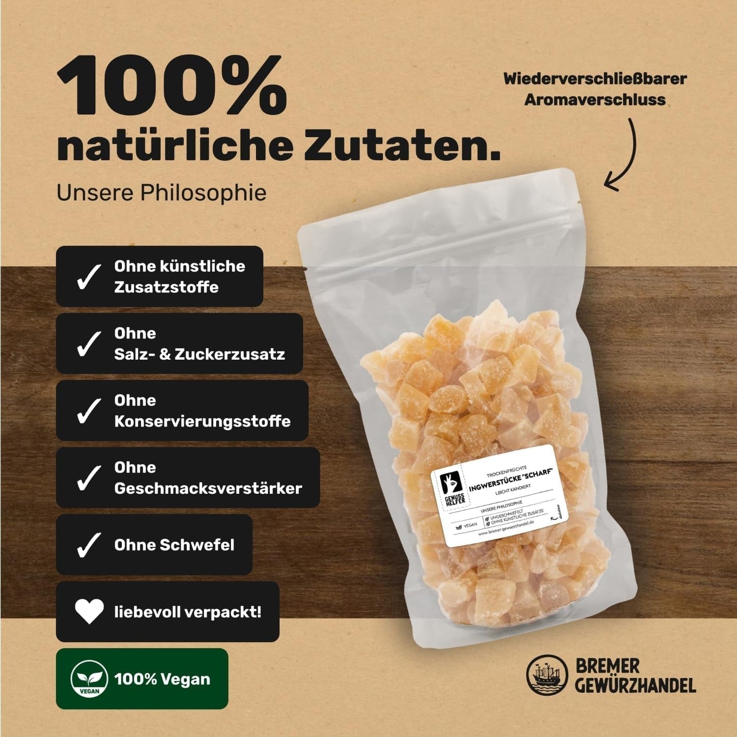 Bremer Gewürzhandel imbir, kawałki suszonych owoców przyprawione, aromatyczne, ostre, niesiarkowane, 1kg Produkty suszone Naty Shop
