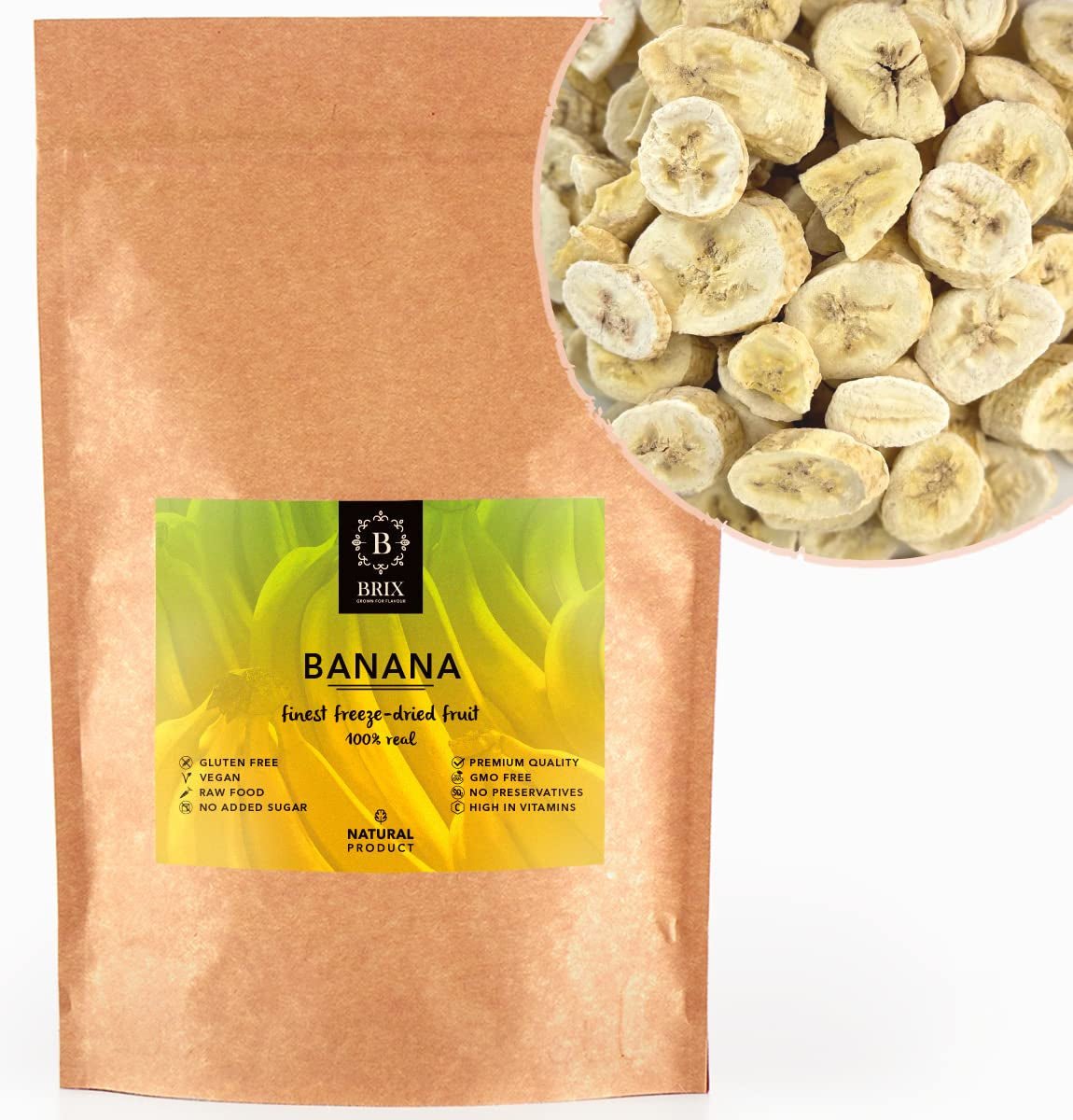 Banany liofilizowane BRIX | Banany naturalne, suszone 140 g | Great Taste Award dla suszonych owoców | Bez GMO, bezglutenowe, wegańskie, z konserwowanymi witaminami Naty Shop Produkty suszone Domyślny tytuł