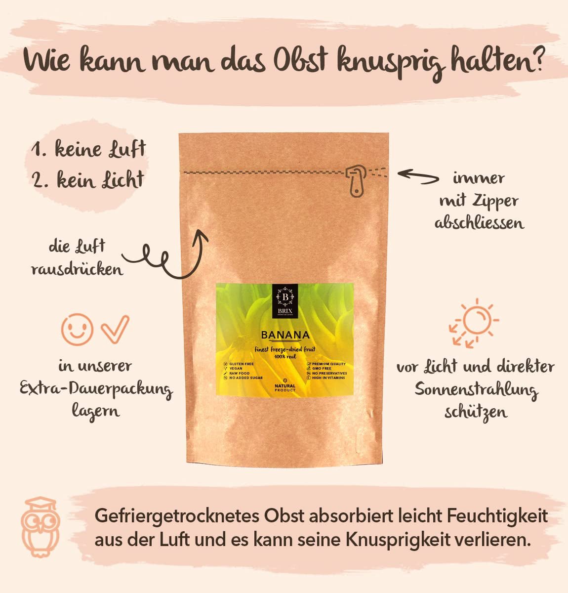Banany liofilizowane BRIX | Banany naturalne, suszone 140 g | Great Taste Award dla suszonych owoców | Bez GMO, bezglutenowe, wegańskie, z konserwowanymi witaminami Naty Shop Produkty suszone