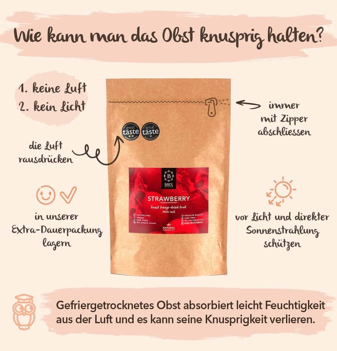 BRIX truskawki liofilizowane | Truskawki naturalne 75 g | Nagroda Great Taste Award dla suszonych, liofilizowanych owoców | Bez GMO, bezglutenowe, wegańskie, z witaminami Naty Shop Produkty suszone