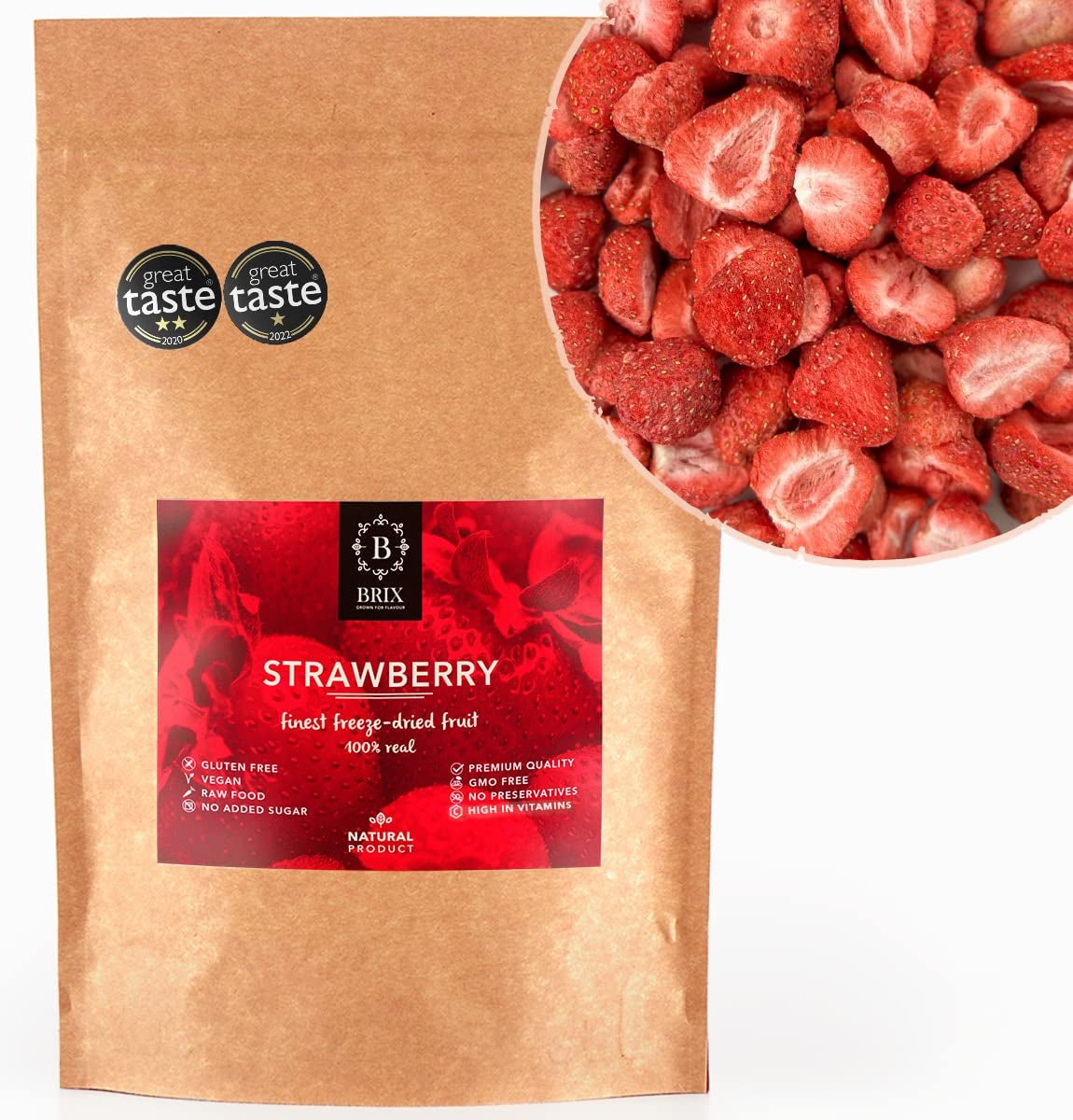 BRIX truskawki liofilizowane | Truskawki naturalne 75 g | Nagroda Great Taste Award dla suszonych, liofilizowanych owoców | Bez GMO, bezglutenowe, wegańskie, z pominięciem witamin Naty Shop Produkty suszone Domyślny tytuł