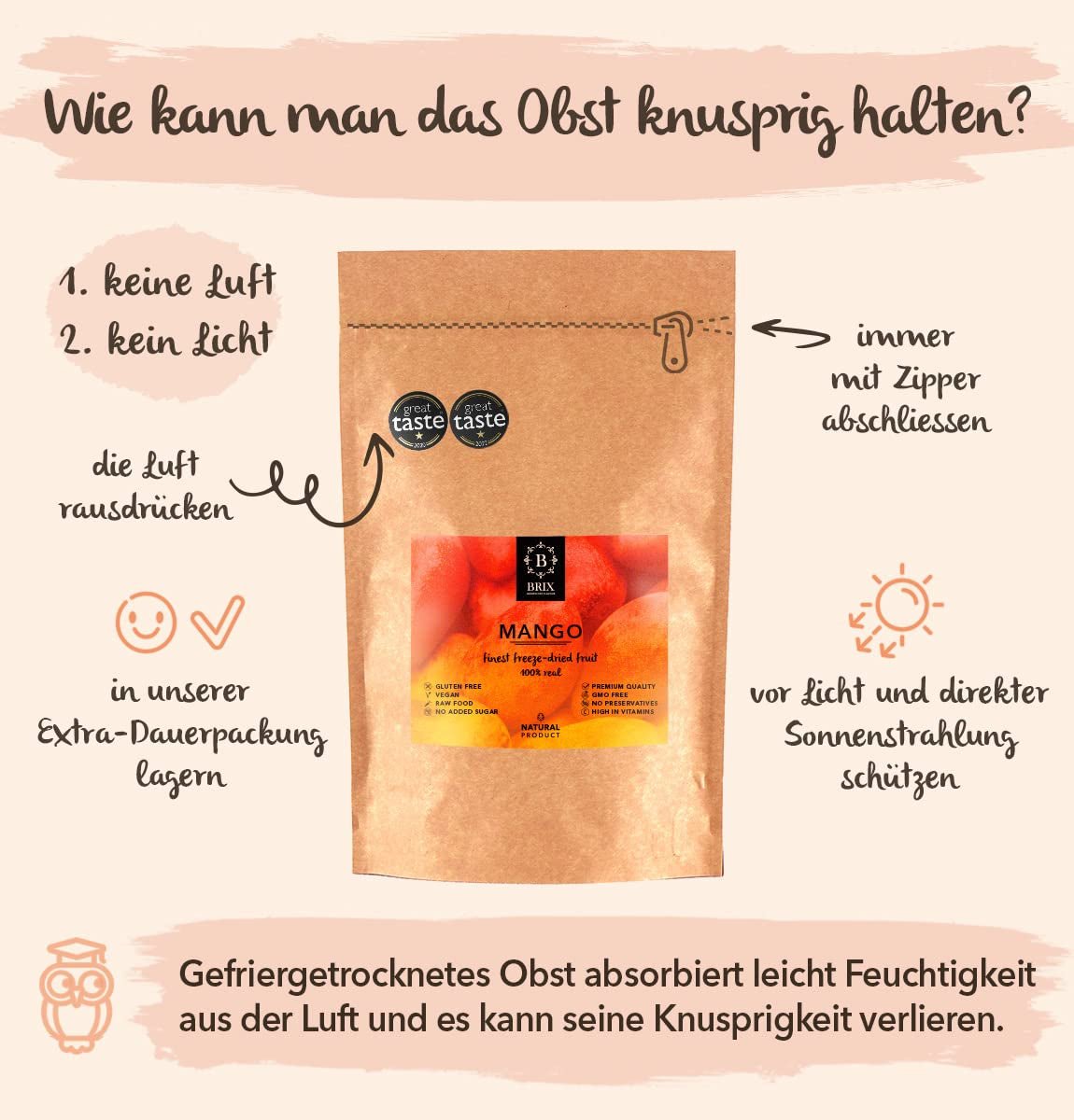 BRIX Mango Liofilizowane | Naturalne, suszone plastry mango 95 g | Great Taste Award suszone owoce, liofilizowane mango | Bez GMO, bezglutenowe, wegańskie, z witaminami Naty Shop Produkty suszone