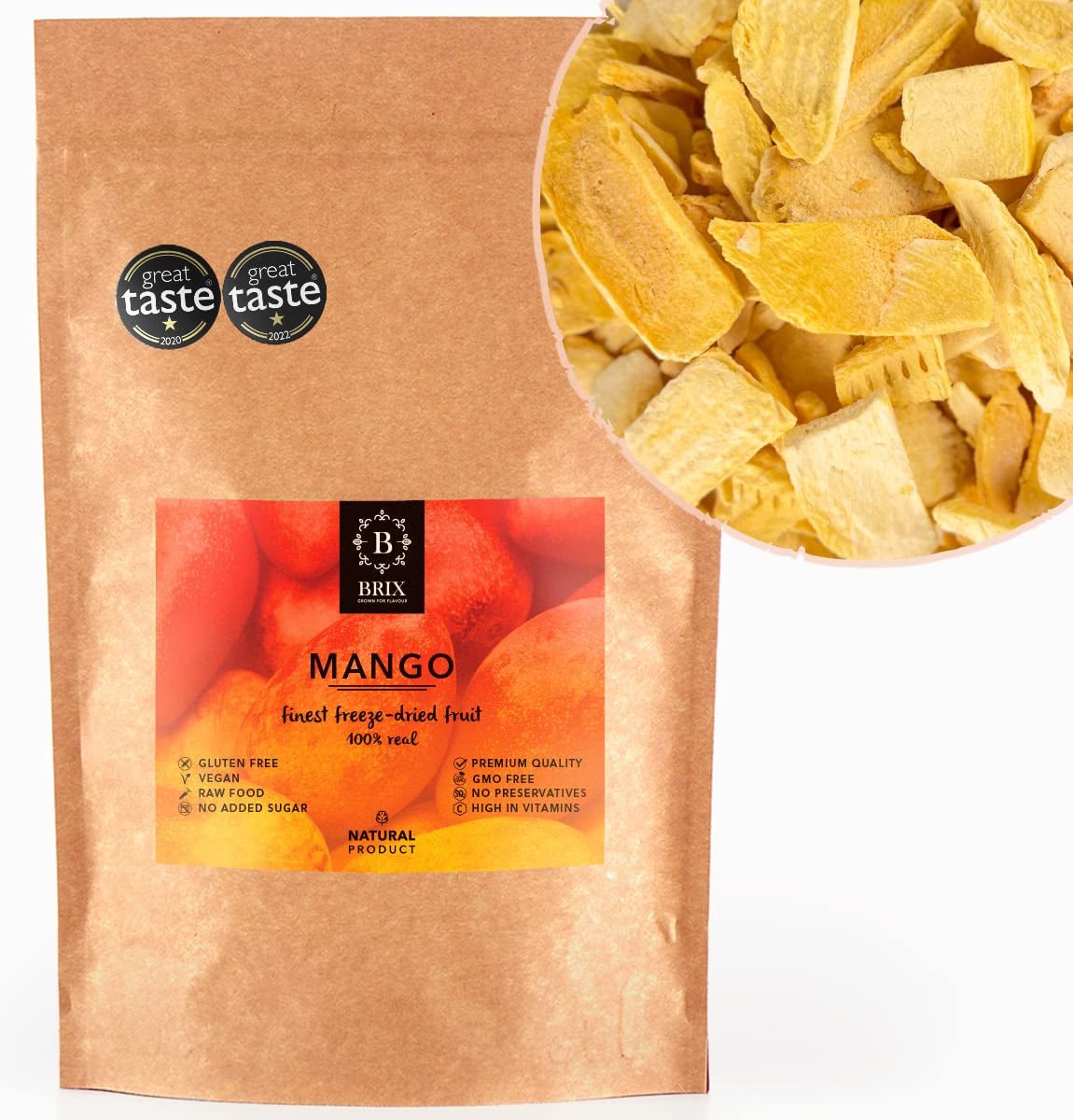 BRIX Mango Liofilizowane | Naturalne, suszone plastry mango 95 g | Great Taste Award suszone owoce, liofilizowane mango | Bez GMO, bezglutenowe, wegańskie, z pominięciem witamin Naty Shop Produkty suszone Domyślny tytuł