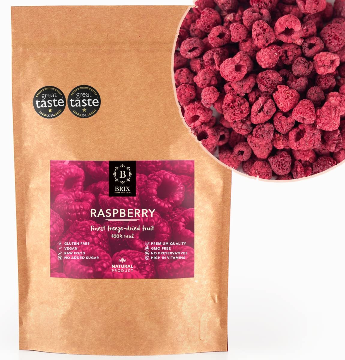 BRIX Suszone Maliny | Malina naturalna liofilizowana 85 g | Nagroda Great Taste dla suszonych owoców | Bez GMO, bezglutenowe, wegańskie, z konserwowanymi witaminami Naty Shop Produkty suszone Domyślny tytuł