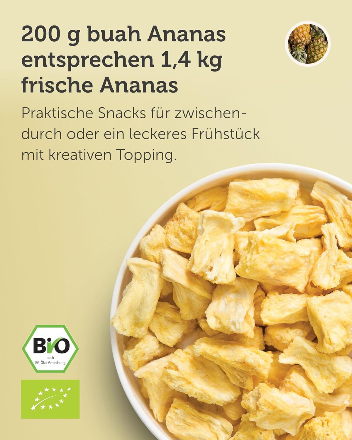 BUAH® Ananas liofilizowany | Chipsy ananasowe jako przekąska lub do musli i deserów | Idealny zamiennik słodyczy | Wegańskie i bez dodatku cukru | 100% owoców liofilizowanych | 200 g Naty Shop produkty suszone