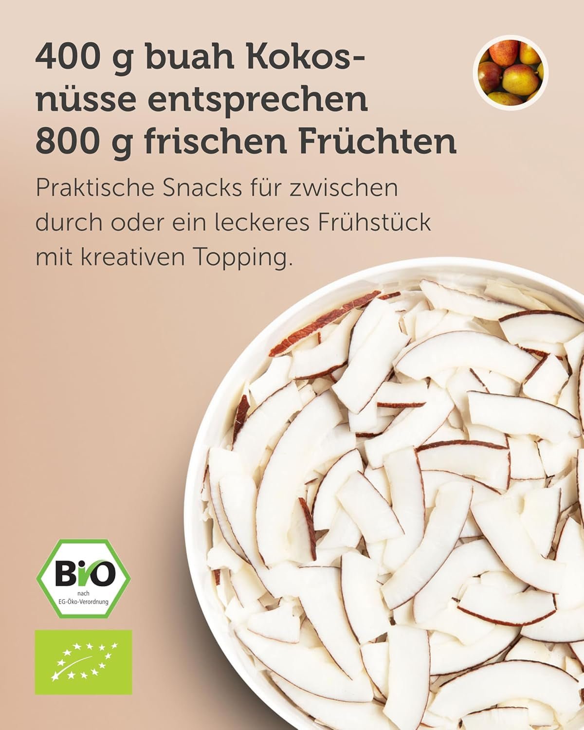 BUAH® Suszone Chipsy Kokosowe | Organiczne chipsy kokosowe, przekąski, musli i chipsy kokosowe do pieczenia | Idealny zamiennik słodyczy | Wegańskie i bez dodatku cukru | 400g Naty Shop produkty suszone