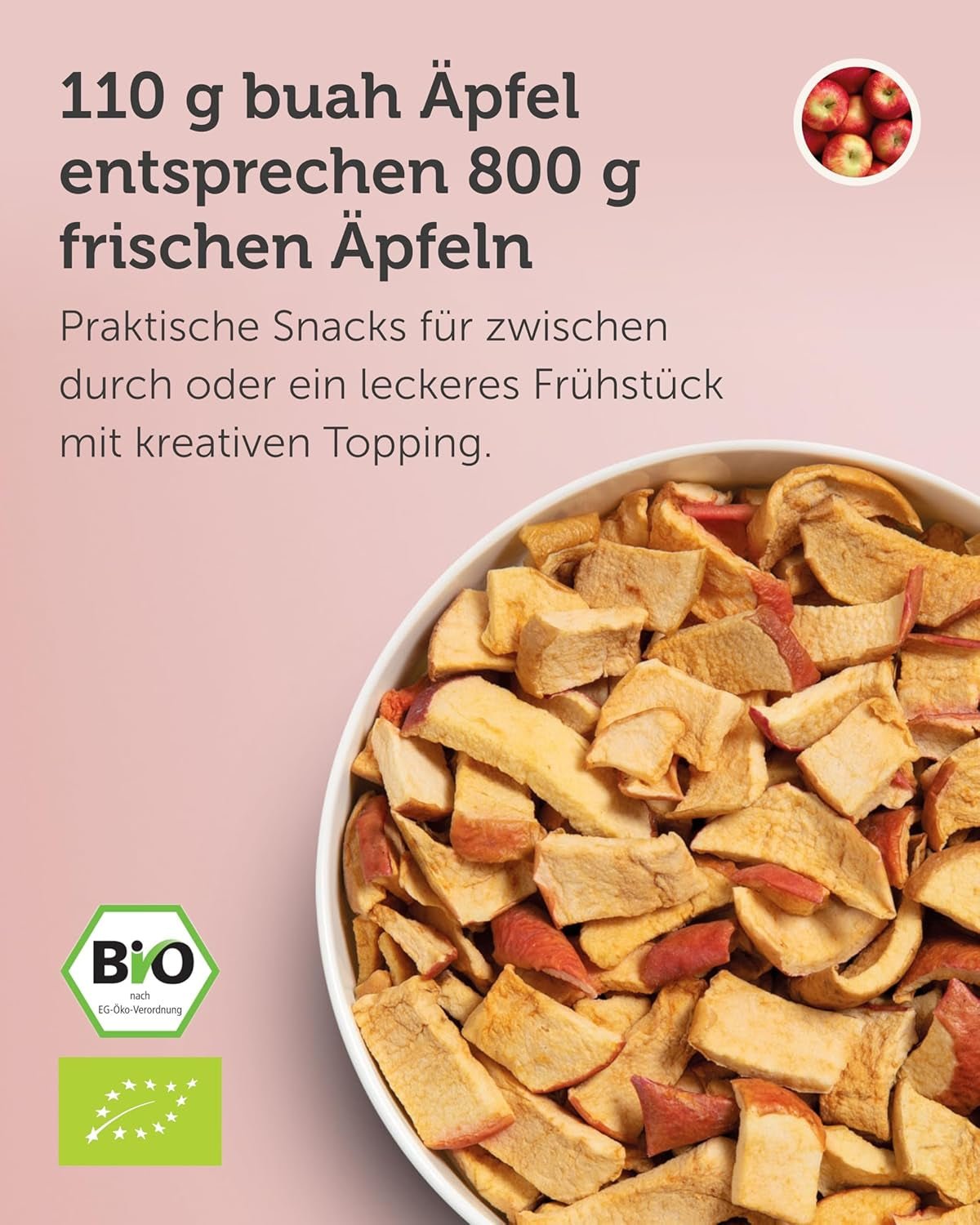 BUAH® Ekologiczne jabłka liofilizowane | Ekologiczne jabłka liofilizowane bez dodatku cukru | 100% owoców liofilizowanych (wegańskie, bezglutenowe, bez laktozy) | Idealna przekąska (110g) Naty Shop produkty suszone