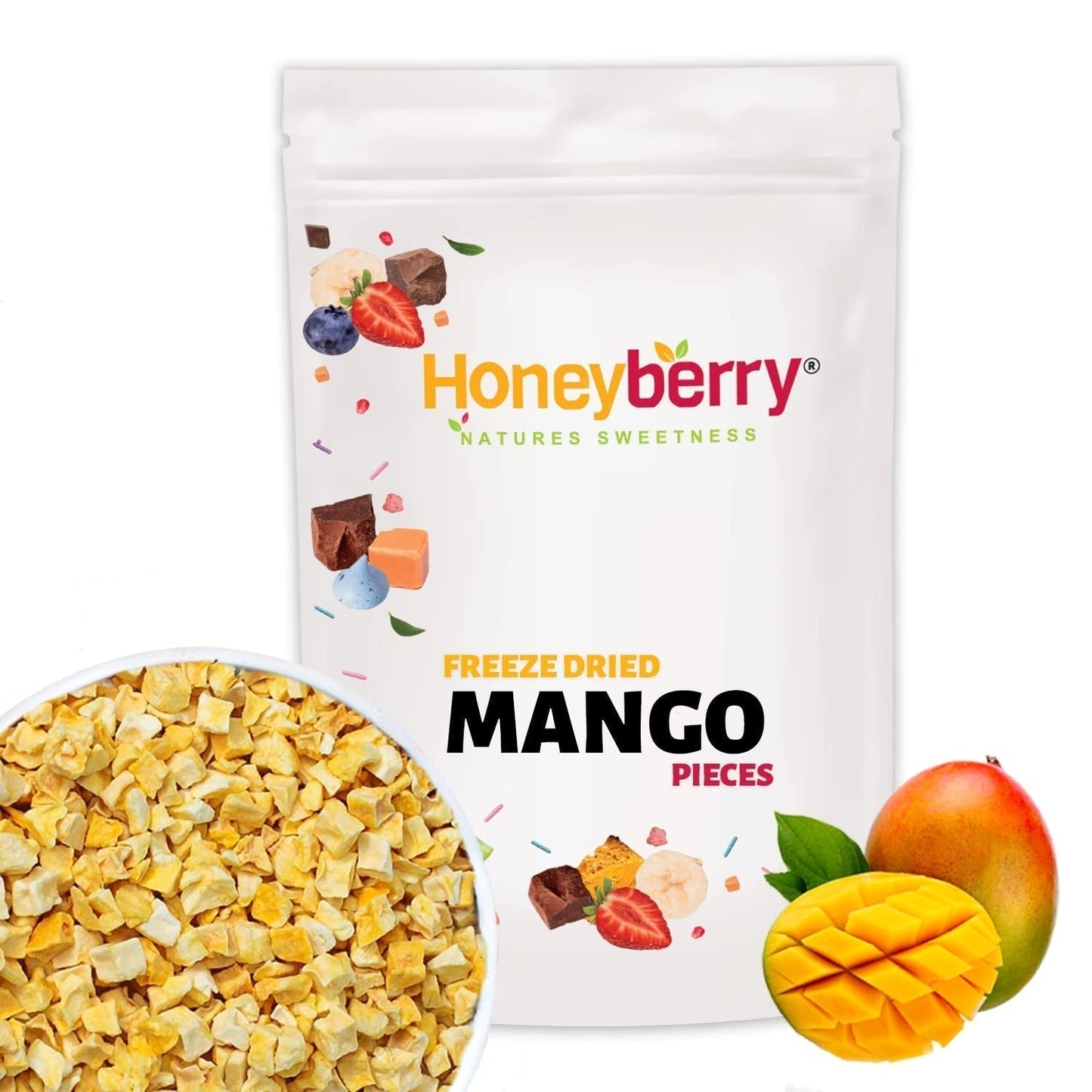 Kawałki mango liofilizowane 100g - Owoce liofilizowane - Owoce suszone liofilizowane - Mango suszone - Idealne do przekąsek, wypieków, musli, koktajli i deserów Produkty suszone Naty Shop 100G