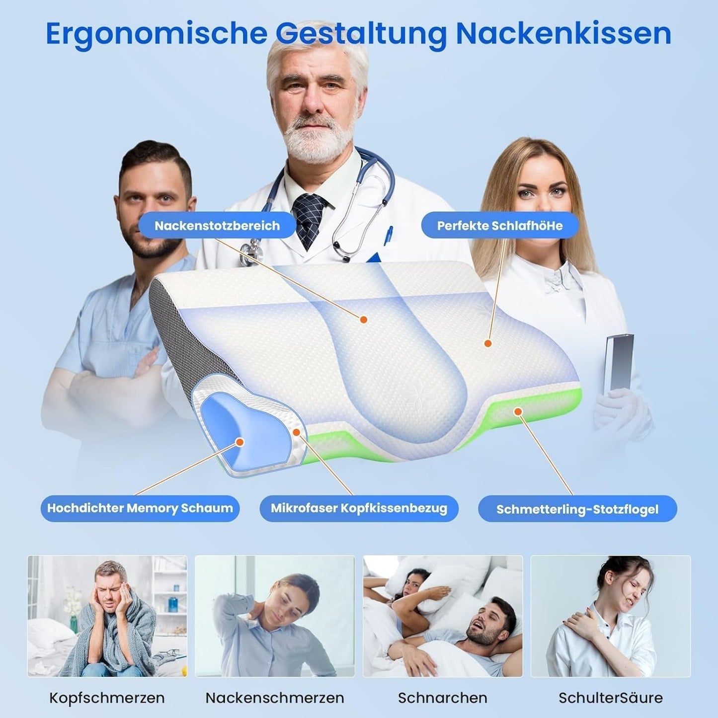 PHYSEN Poduszka ortopedyczna Poduszka pod szyję, Poduszka podtrzymująca szyję, Poduszka z pianki memory, Ergonomiczna poduszka przeciwbólowa szyi Poduszka do spania Poduszka przeciw chrapaniu Poduszka na boki, plecy i brzuch (62 * 34 * 11 6,5 cm) Poduszki ortopedyczne szyjki macicy Naty Shop
