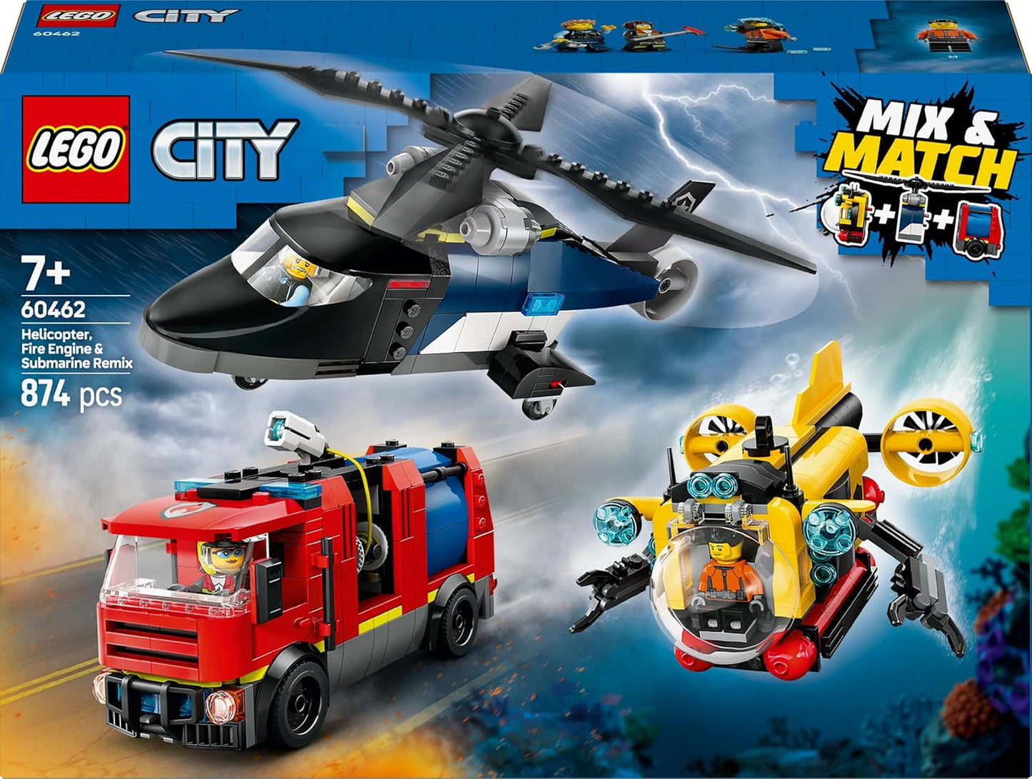 Zestaw LEGO City Combo zawierający helikopter, samochód z lwem i łódź podwodną oraz 3 minifigurki — zabawkowe pojazdy do zbudowania dla chłopców i dziewcząt od 7 lat — prezent urodzinowy i świąteczny 60462 Zestawy do budowania Besuche den LEGO-Store