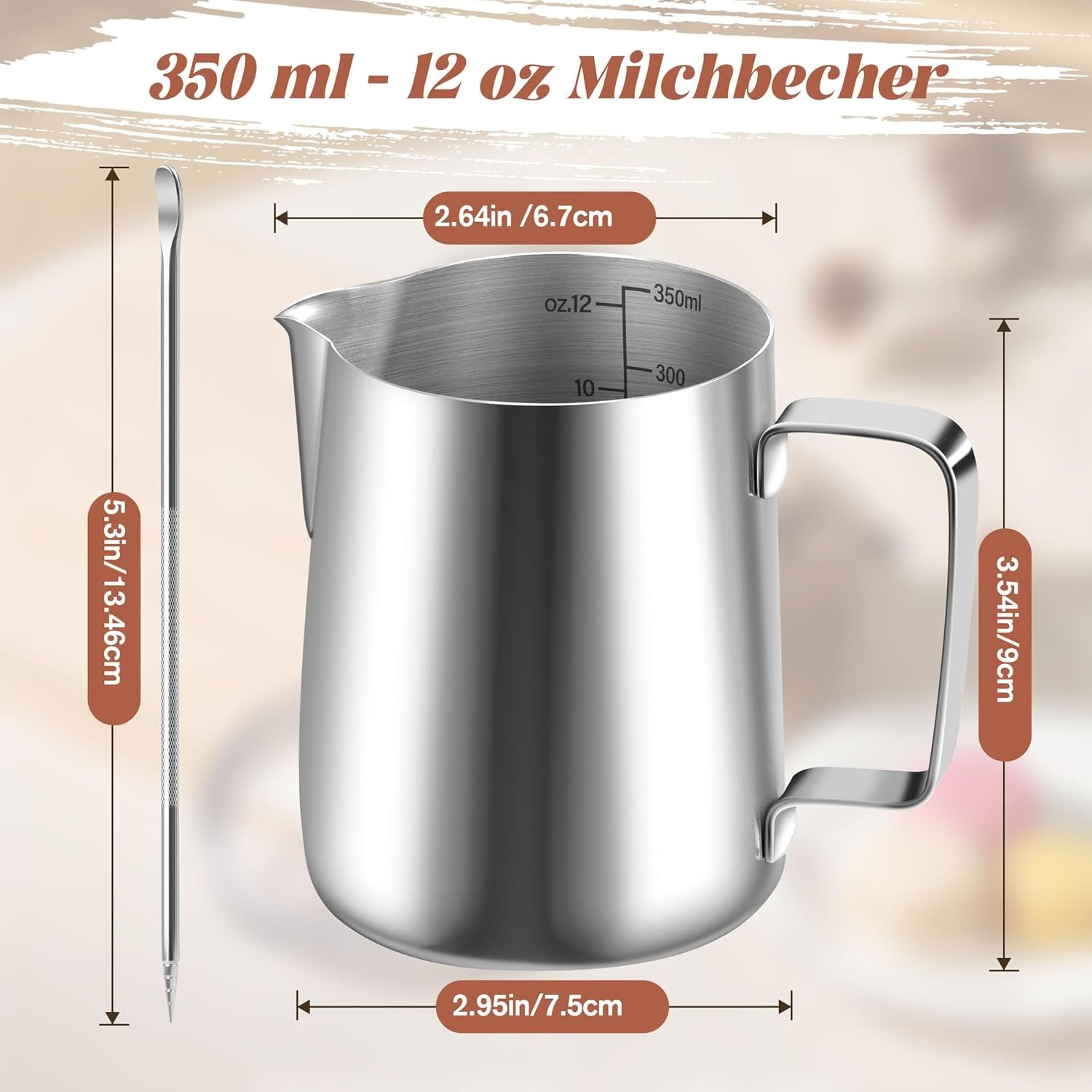 Kubek na mleko, kubek na mleko ze stali nierdzewnej 350 ml ze znacznikiem miarki, akcesoria baristy, kubek na mleko do cappuccino, espresso, latte art, miłośnicy kawy, srebro, 355 ml