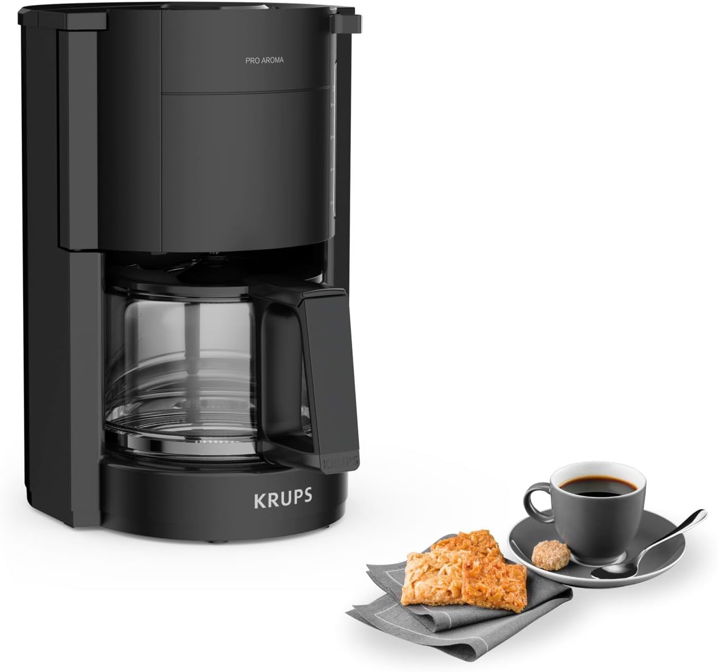 Krups F30908 ProAroma Ekspres do espresso z filtrem i szklaną karafką, pojemność 1,25 l, 10-15 filiżanek, 1050 W, czarny