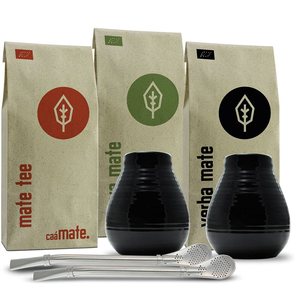 Zestaw do herbaty Mate dla dwojga, organiczny ● 2 filiżanki Mate + 2 bombille + 300 g herbaty Mate + instrukcja przygotowania