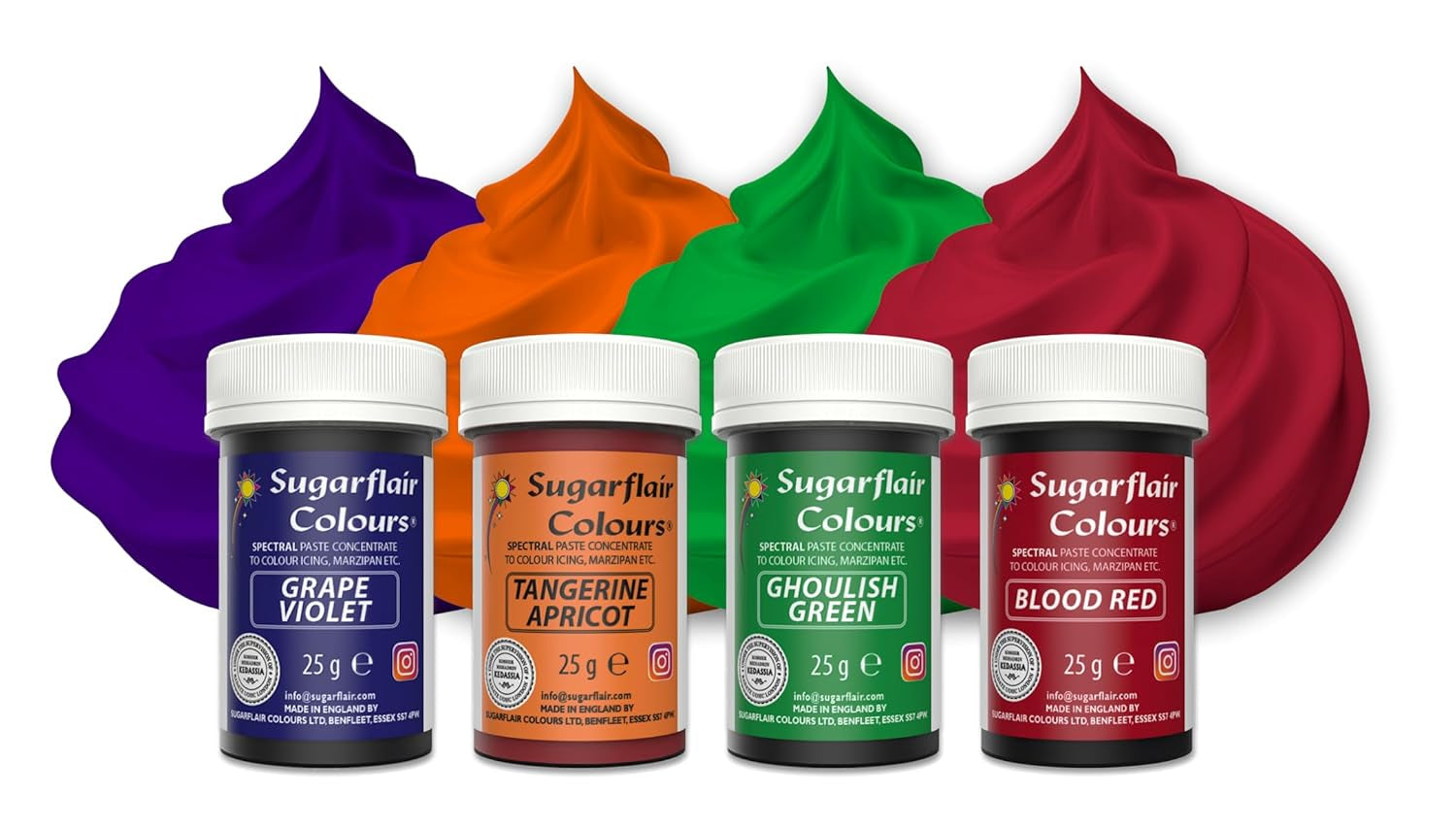 Zestaw barwników spożywczych Sugarflair Pasta/4 barwniki spożywcze do makaronów, kremówek, marcepanu, pasty cukrowej, śmietanki i nie tylko: Macabre Green, Grape Purple, Blood Red