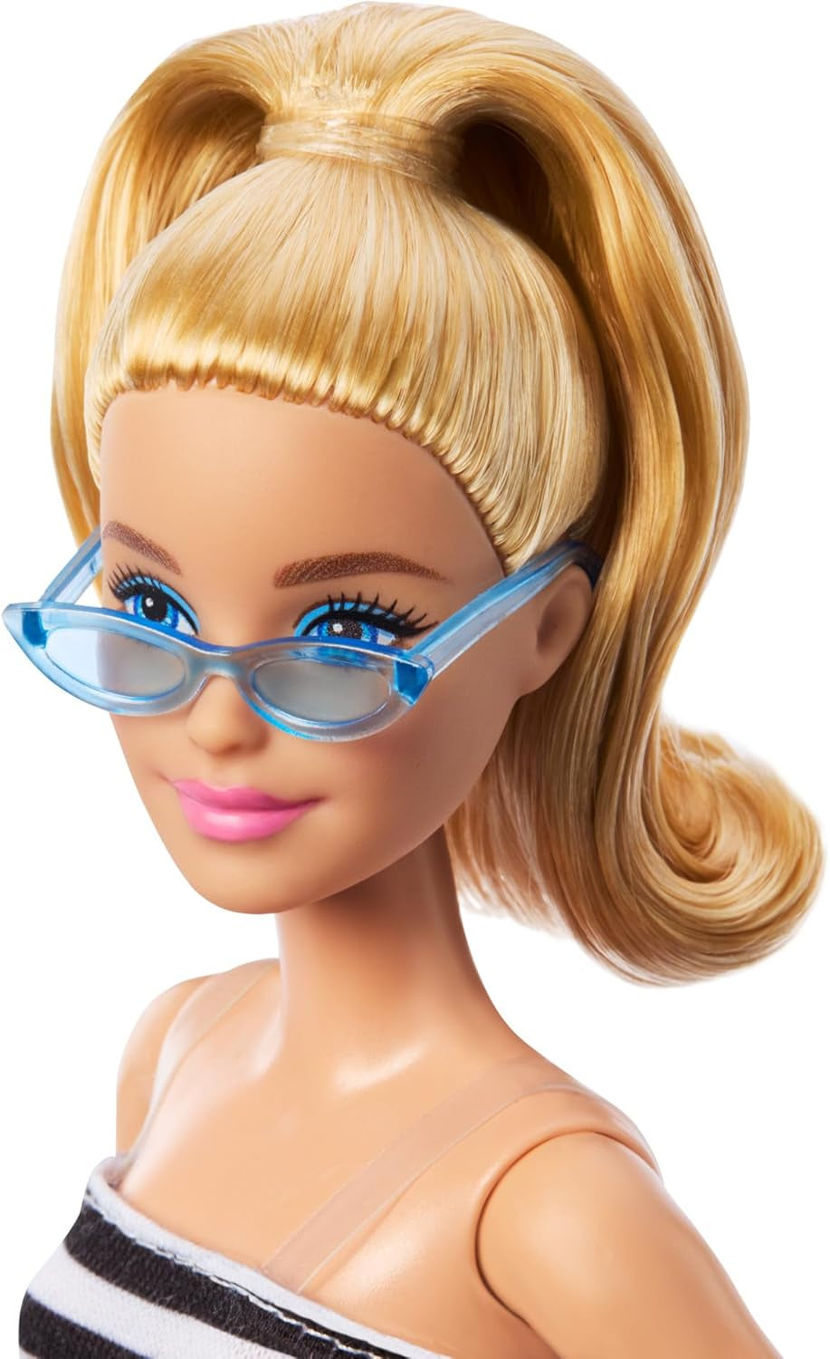 Lalka Barbie Fashionistas nr. 213 Blondynka w pasiastym topie Różowa spódnica i okulary przeciwsłoneczne 65. urodziny Kolekcjonerska lalka mody HRH11 Naty Shop Dolls