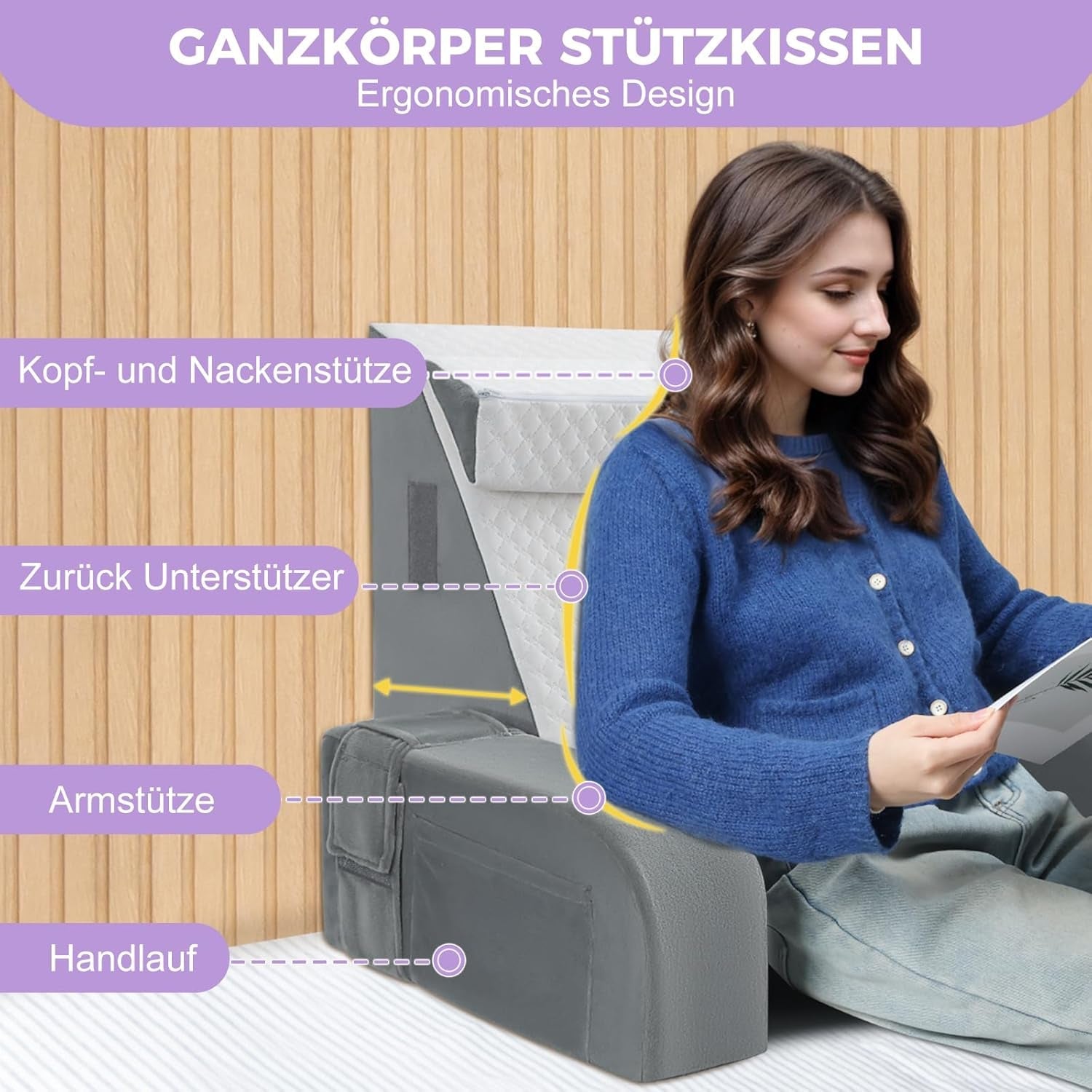 Duża poduszka do czytania z uchwytem, ​​pianką o dużej gęstości, ergonomiczną poduszką pod plecy, podłokietnikami, podparciem szyi i zagłówkiem, odchylaną poduszką siedziska do spania, zabawy, oglądania telewizji, do łóżka i sofy