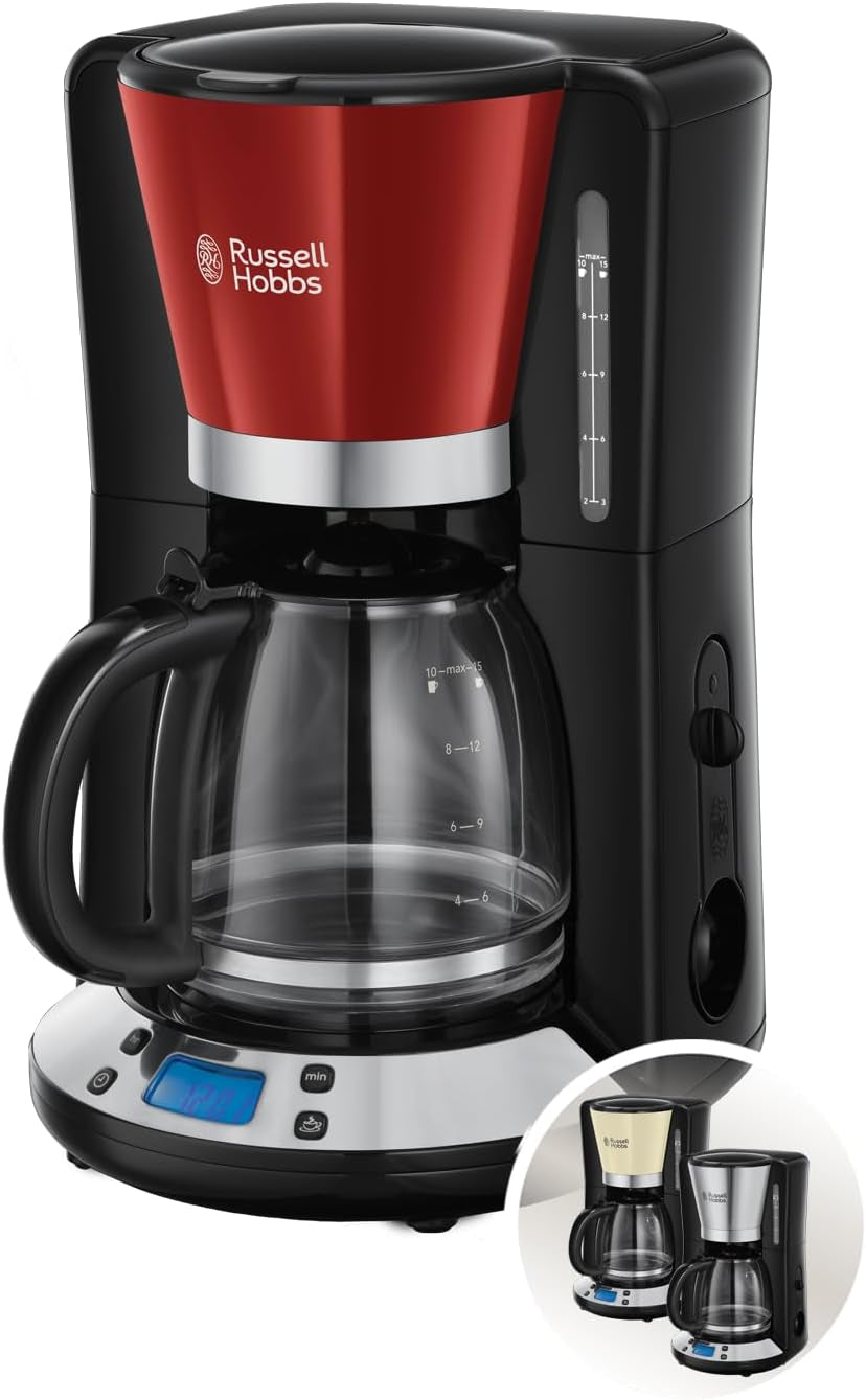Ekspres do kawy Russell Hobbs [cyfrowy minutnik, słuchawka prysznicowa zapewniająca optymalną ekstrakcję i aromat] Colors+ Creme (1 do 10 filiżanek, szklana karafka 1,25 l, płyta grzewcza, 1100 W) Ekspres do kawy z filtrem 24033-56