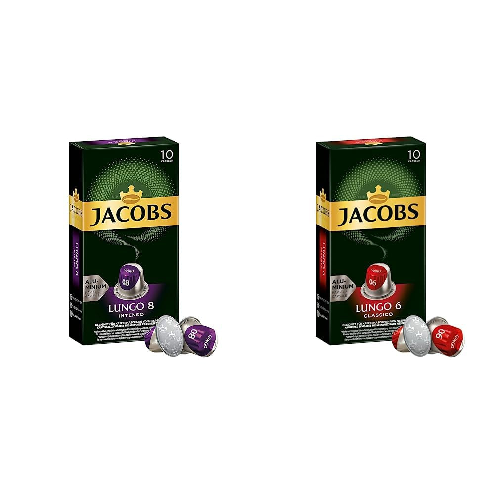 Jacobs Kapseln Lungo Intenso, Intensität 8 i Kapseln Lungo Classico, Intensität 6, 100 Kompatybilny z Nespresso®* Kaffeekapseln, 10er Pack, 10 x 10 Getränke