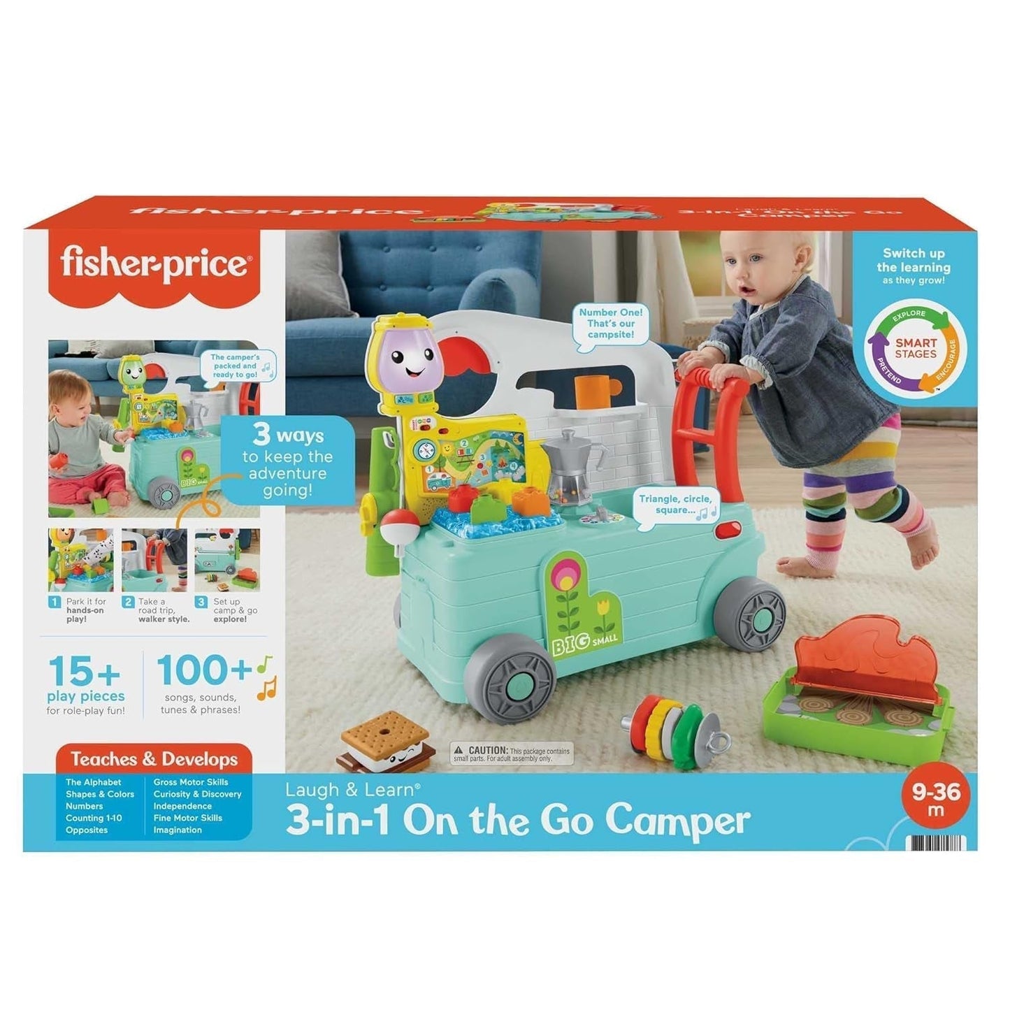 Fisher-Price - Śmiej się i ucz się Camper 3 w 1 Zabawka pchająca dla dzieci i centrum aktywności muzycznej Zabawka dla dzieci 9-36 miesięcy HCK51 Zabawki dla niemowląt Naty Shop