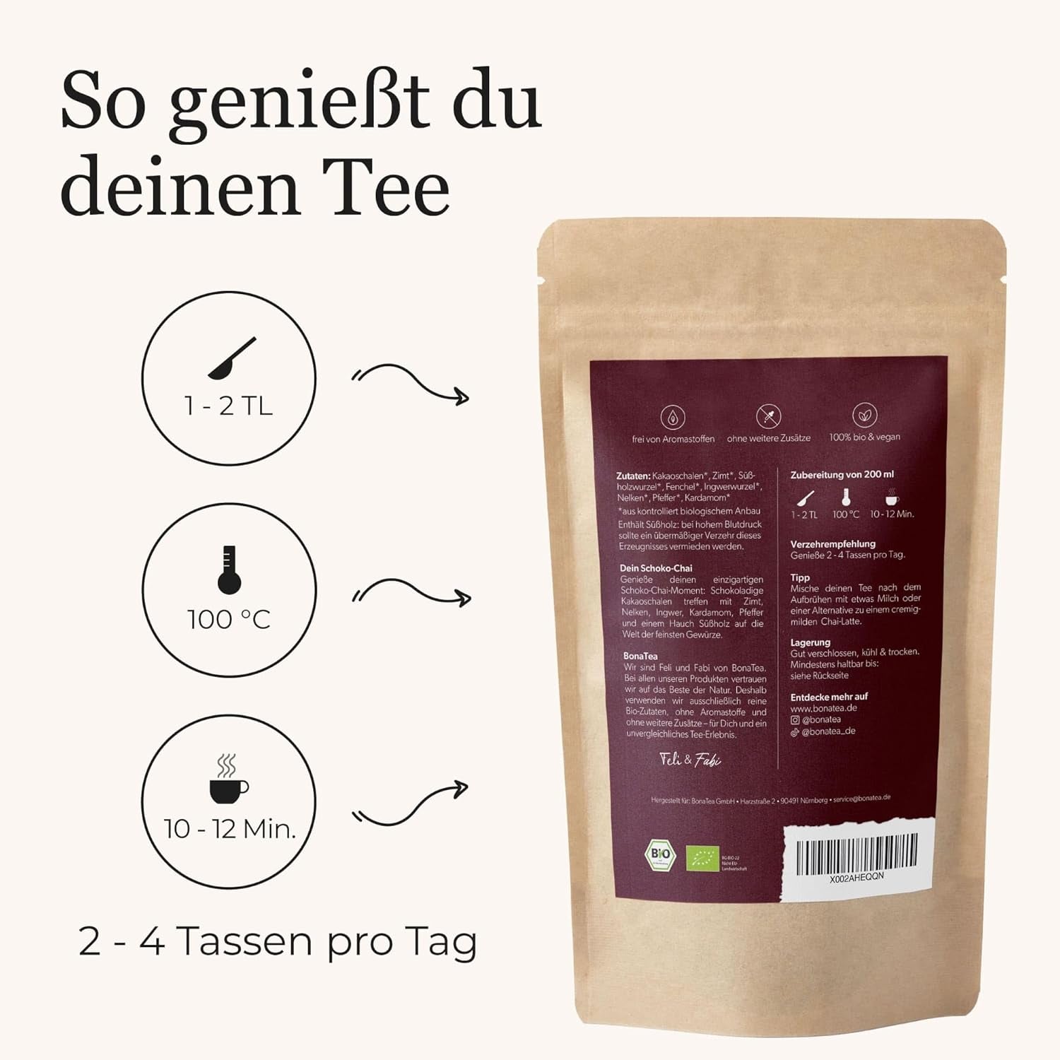 BIO Schoko Chai Herbata przyprawiona bez cukru, z ziarenkami kakao, cynamonem, lukrecją i innymi aromatycznymi przyprawami Chai, 100 g