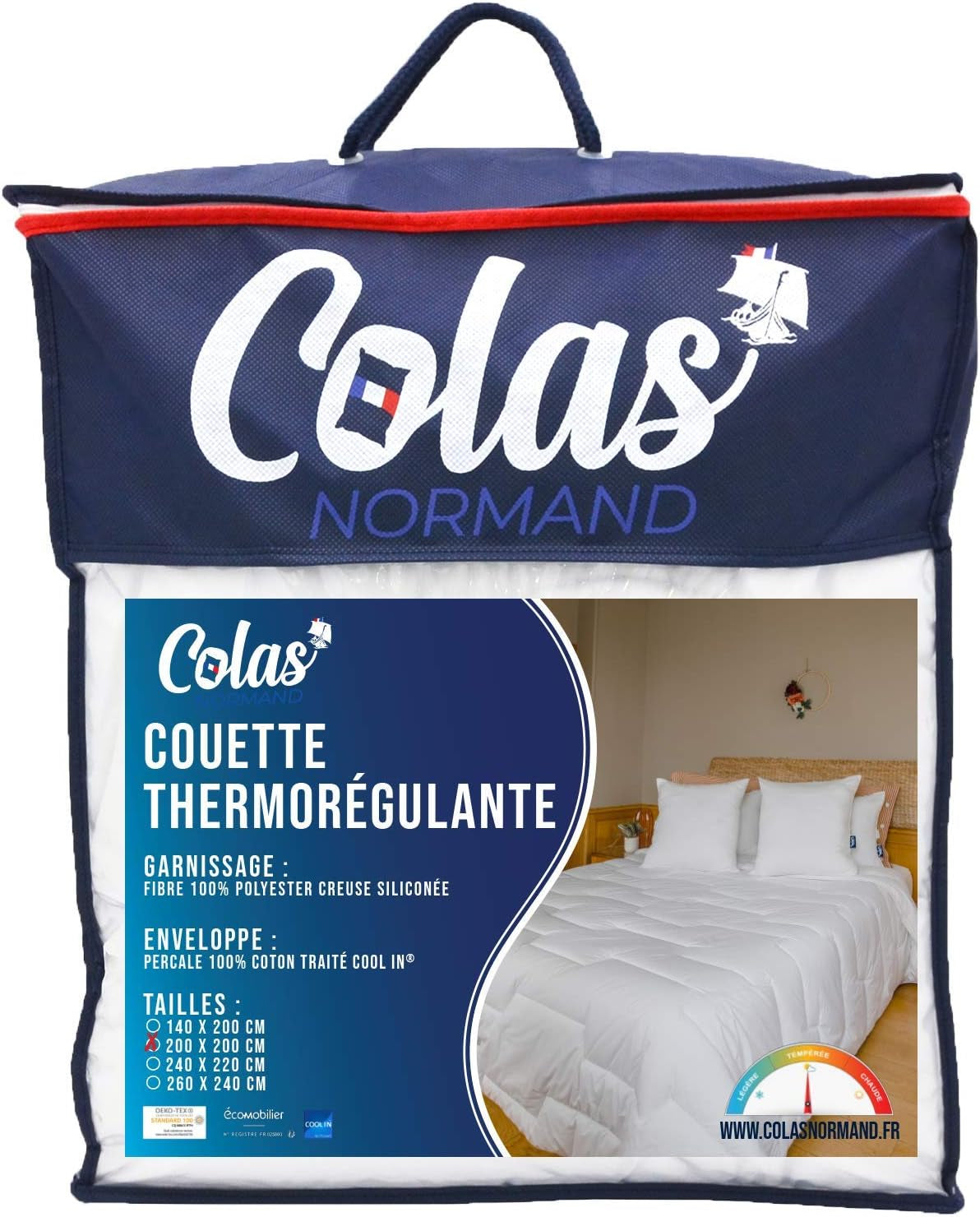 COLAS NORMAND Kołdra termoregulacyjna, Cool In, Umiarkowany, 140 X 200 Cm, Pot, Optymalna wentylacja, 100% perkal, Świeżość, Francuski, 53130255, Biały Naty Shop Kołdry i kołdry Biały 200X200 Cm