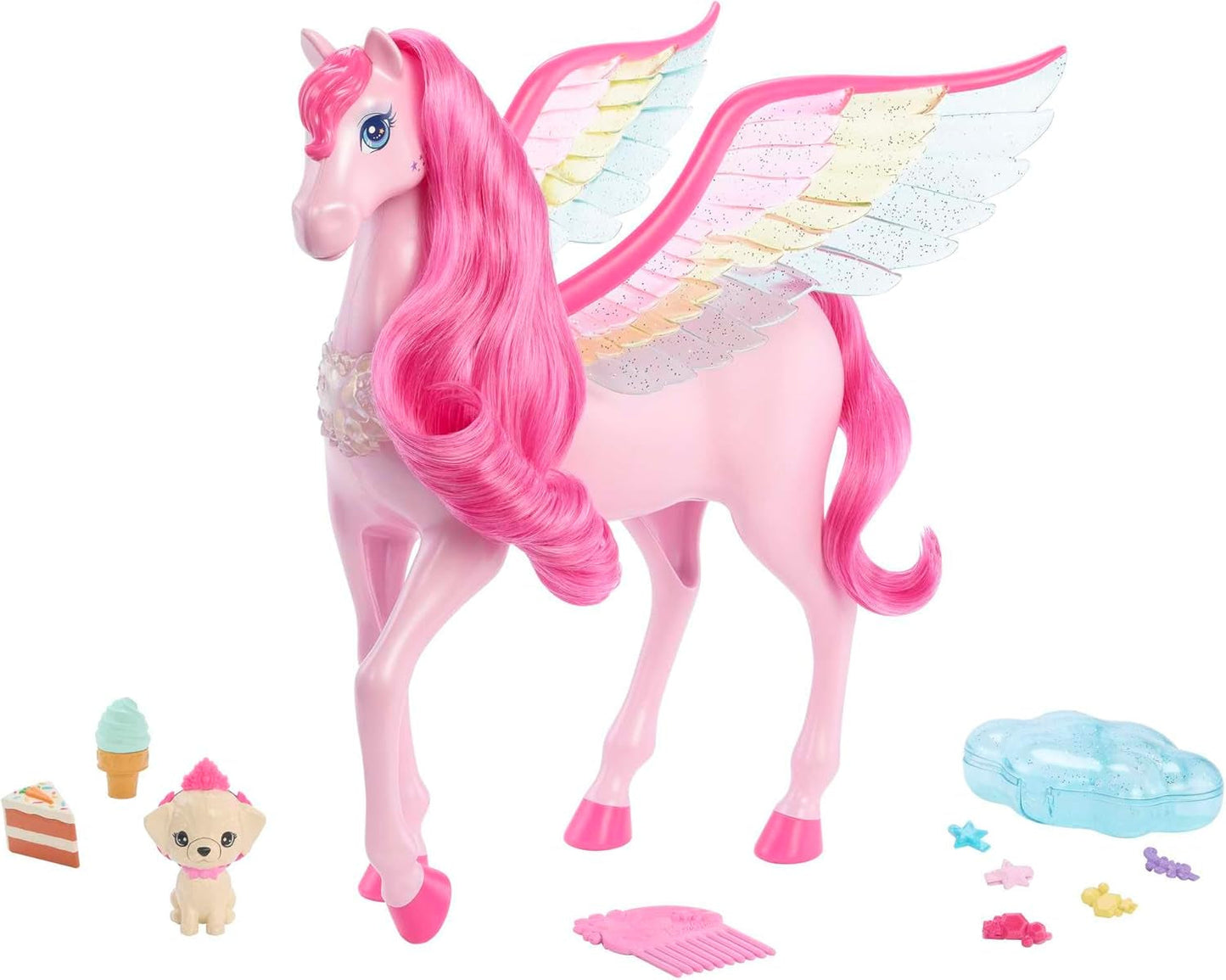 Barbie Ukryty magiczny pegaz - interaktywna zabawka ze światłami i dźwiękami, 10 akcesoriów, tęczowe skrzydła, dla dzieci od 3 lat, lalki HLC41 Naty Shop Single