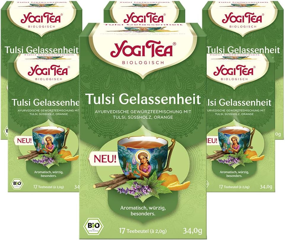 Herbata Yogi - Tulsi Serenity, ajurwedyjska herbata ziołowa, bez kofeiny, mieszanka Tulsi - Święta bazylia, lukrecja i pomarańcza, herbata Yogi, 6 opakowań, 6 x 17 torebek na herbatę (102 torebek na herbatę)