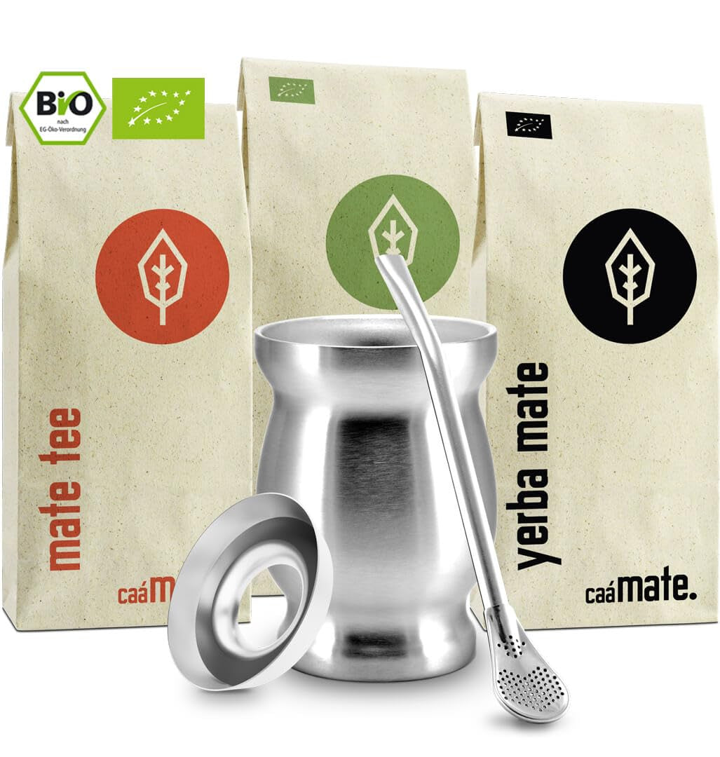 Zestaw do herbaty Mate Bio ● 3 rodzaje Mate + Kubek Mate ze stali nierdzewnej o podwójnych ściankach + Bombilla + Instrukcja parzenia (czarna)