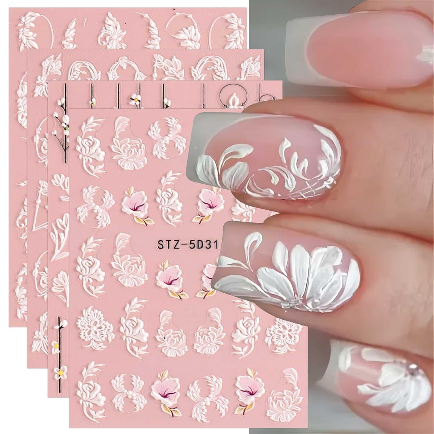 4 Blatt 3D Nagelsticker Frühling Blume Nagelaufkleber 5D Stereoskopisch Selbstklebend Nail Art Naklejka Dekoration Nageldesign Zubehör