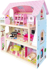 Bino World of Toys Domek dla lalek z balkonem, Zabawka dla małych dzieci od 3 lat, z 3 piętrami, schodami, 4 pokojami i balkonem w tym. 15-TLG. Akcesoria, Aby promować umiejętności dzieci, Różowe domki dla lalek Naty Shop