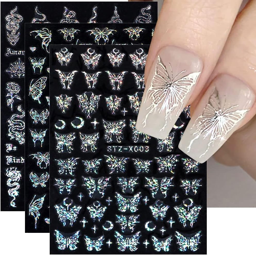 6 Blatt Schmetterling Nagelsticker Selbstklebend Laser Silber Schmetterlings Nagelaufkleber 3D Aurora Silber Schwarz Schmetterlinge Nagel Naklejki Frühling Nageldesign Naklejka na paznokcie Nail Art Zubehör