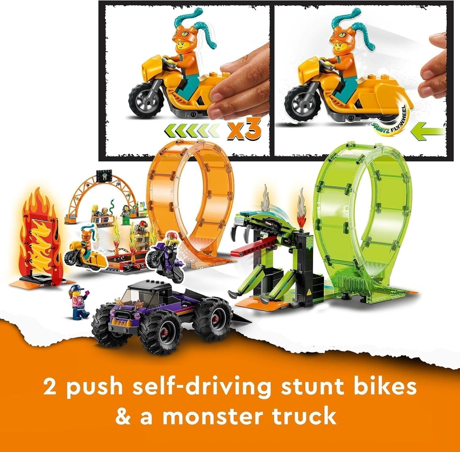 LEGO 60339 City Stuntz Zestaw kaskaderski z podwójną pętlą, zawiera. rampa, monster truck, 2 motocykle i 7 minifigurek, zabawka dla dzieci powyżej 7 lat Zestawy do budowania Besuche den LEGO-Store