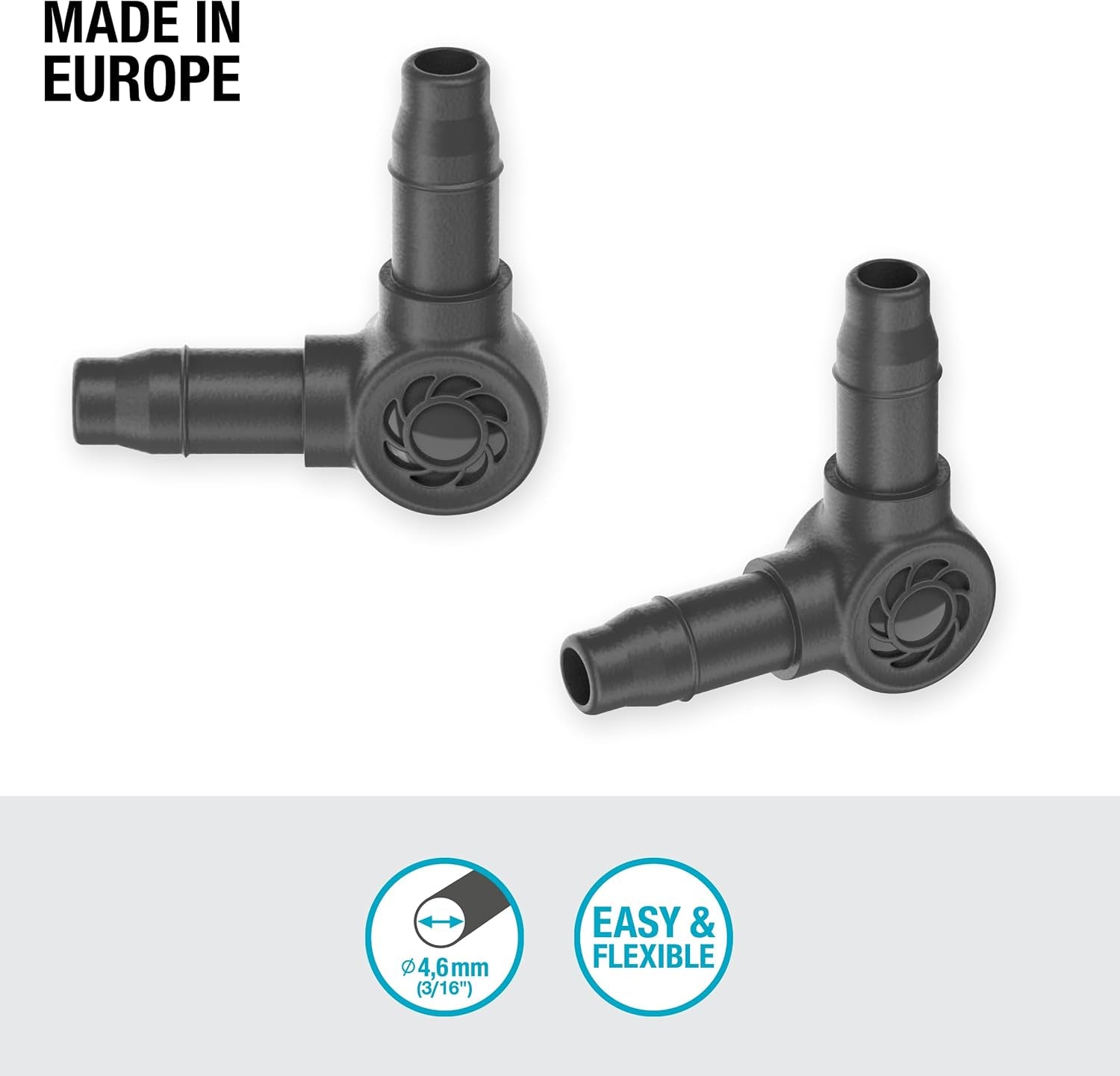 Łącznik L do Gardena Micro-Drip 4,6 mm (3/16 cala): do zmiany kierunku rozprowadzania i linii kroplujących o 90 stopni, montaż bez załamań, łatwa i elastyczna technika łączenia (13212-20)
