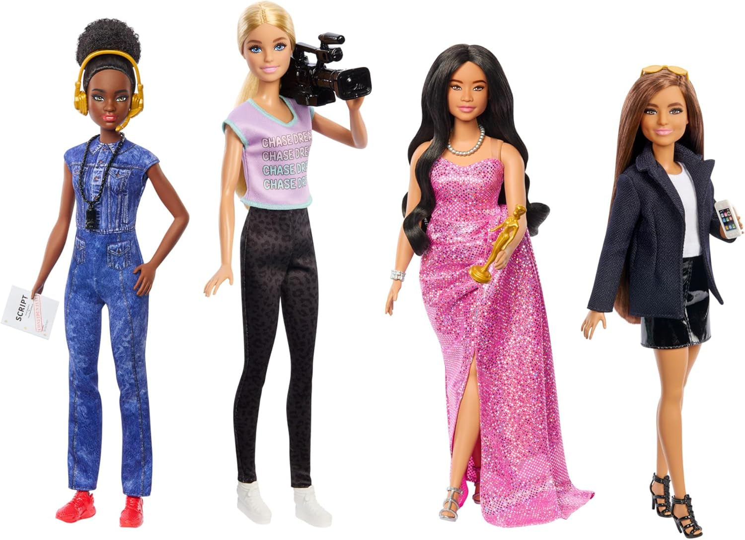 Barbie Berufe-Set z 4 Puppen i Zubehör, Frauen in der Filmbranche mit Studioleiterin, Regissseurin, Kamerafrau i Filmstar in Ausziehbaren Outfits, HRG54
