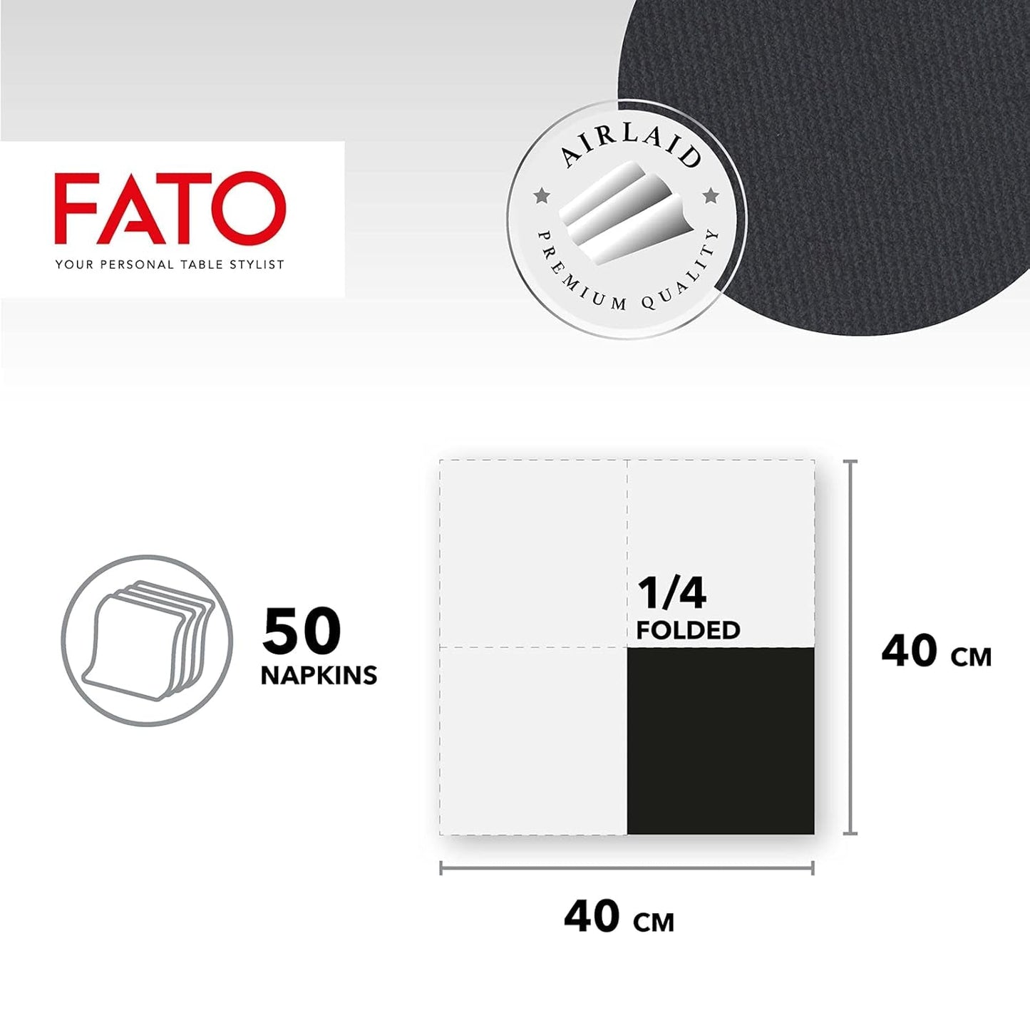 Fato - Suche serwetki papierowe, Airlaid, efekt tkaniny, opakowanie 50 serwetek, rozmiar 40X40 złożone na 4, kolor czarny