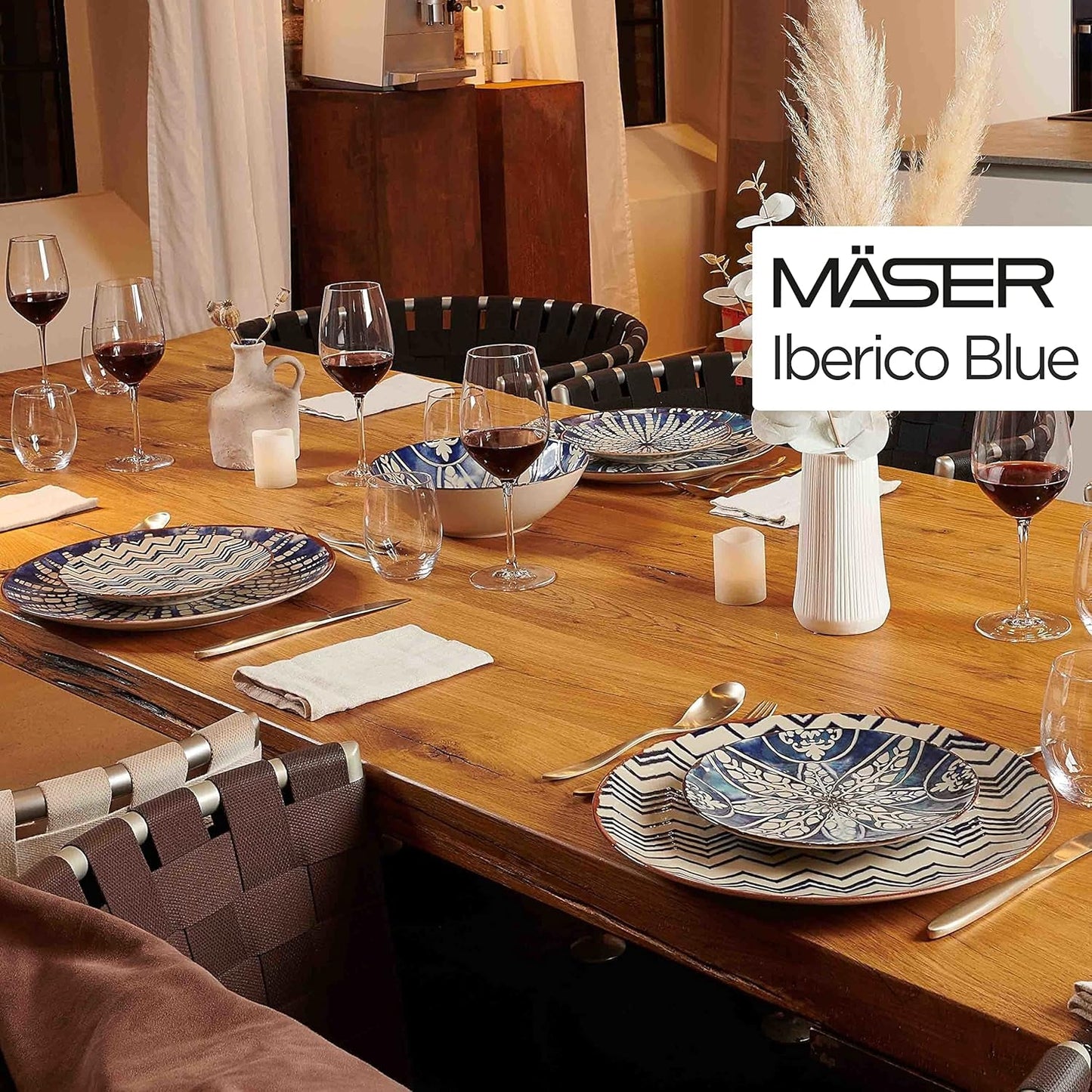MĘSER 934017 Iberico Blue 4-osobowy zestaw obiadowy, 12-częściowy, w stylu mauretańskim, różne wzory vintage w kolorze białym i niebieskim, ceramika