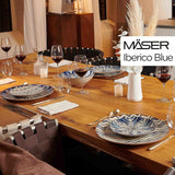 MĘSER 934017 Iberico Blue 4-osobowy zestaw obiadowy, 12-częściowy, w stylu mauretańskim, różne wzory vintage w kolorze białym i niebieskim, ceramika