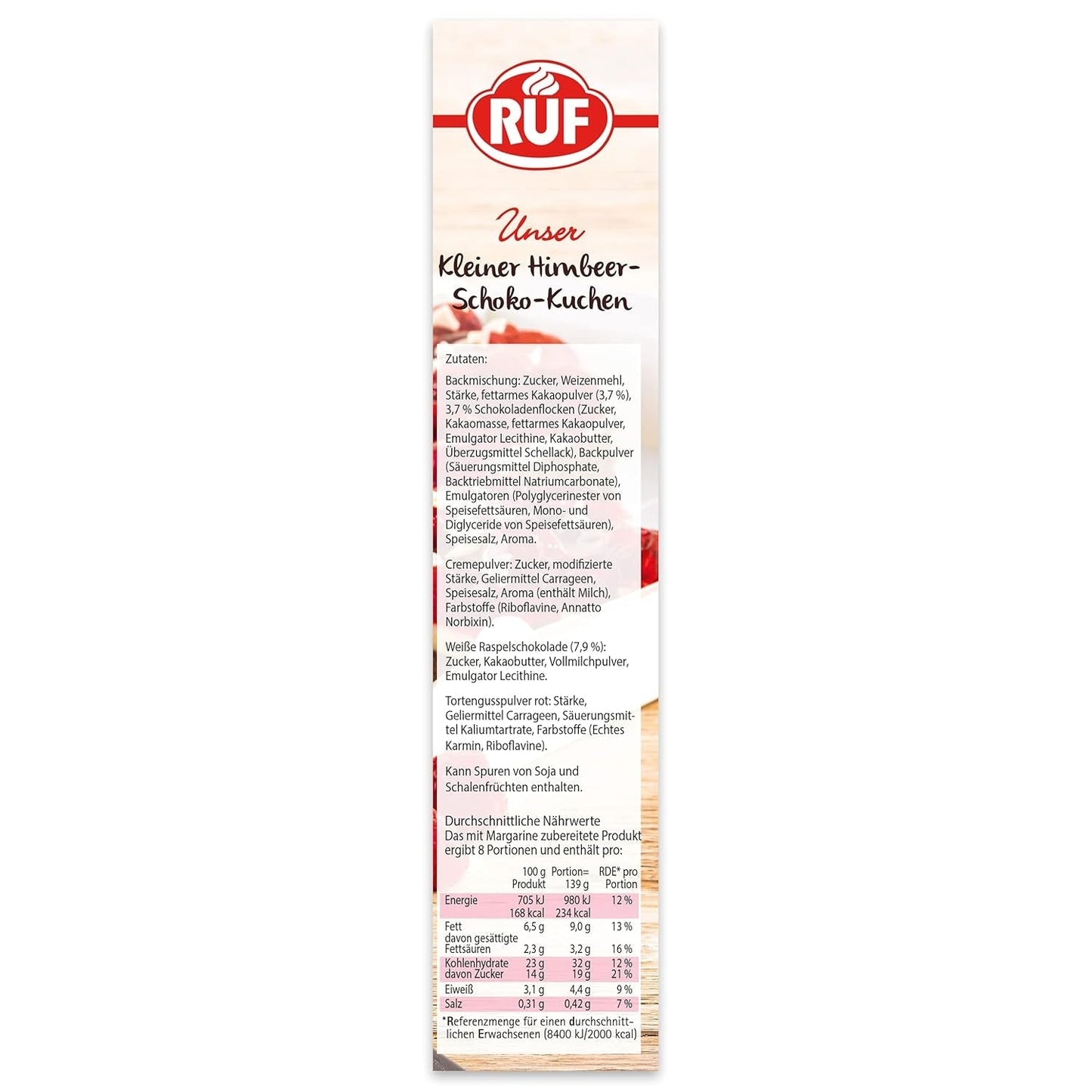 RUF Kleiner Himbeer-Schokokuchen, Mini-Kuchen Mit Feiner Puddingcreme, Himbeeren Und Weißen Schokoraspeln, Inkl. Backform, 1X252G Mieszanka do pieczenia i gotowania Naty Shop