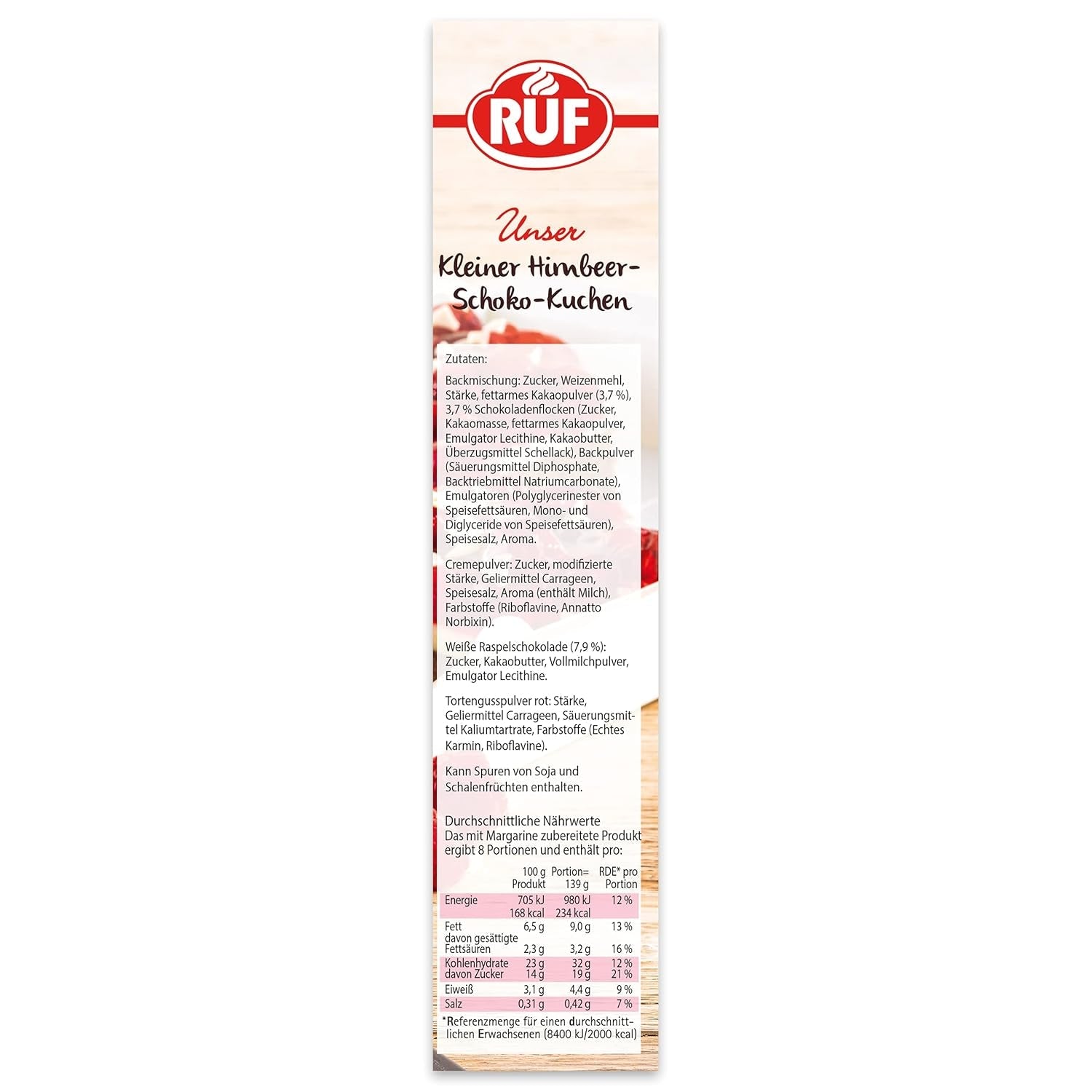 RUF Kleiner Himbeer-Schokokuchen, Mini-Kuchen Mit Feiner Puddingcreme, Himbeeren Und Weißen Schokoraspeln, Inkl. Backform, 1X252G Mieszanka do pieczenia i gotowania Naty Shop