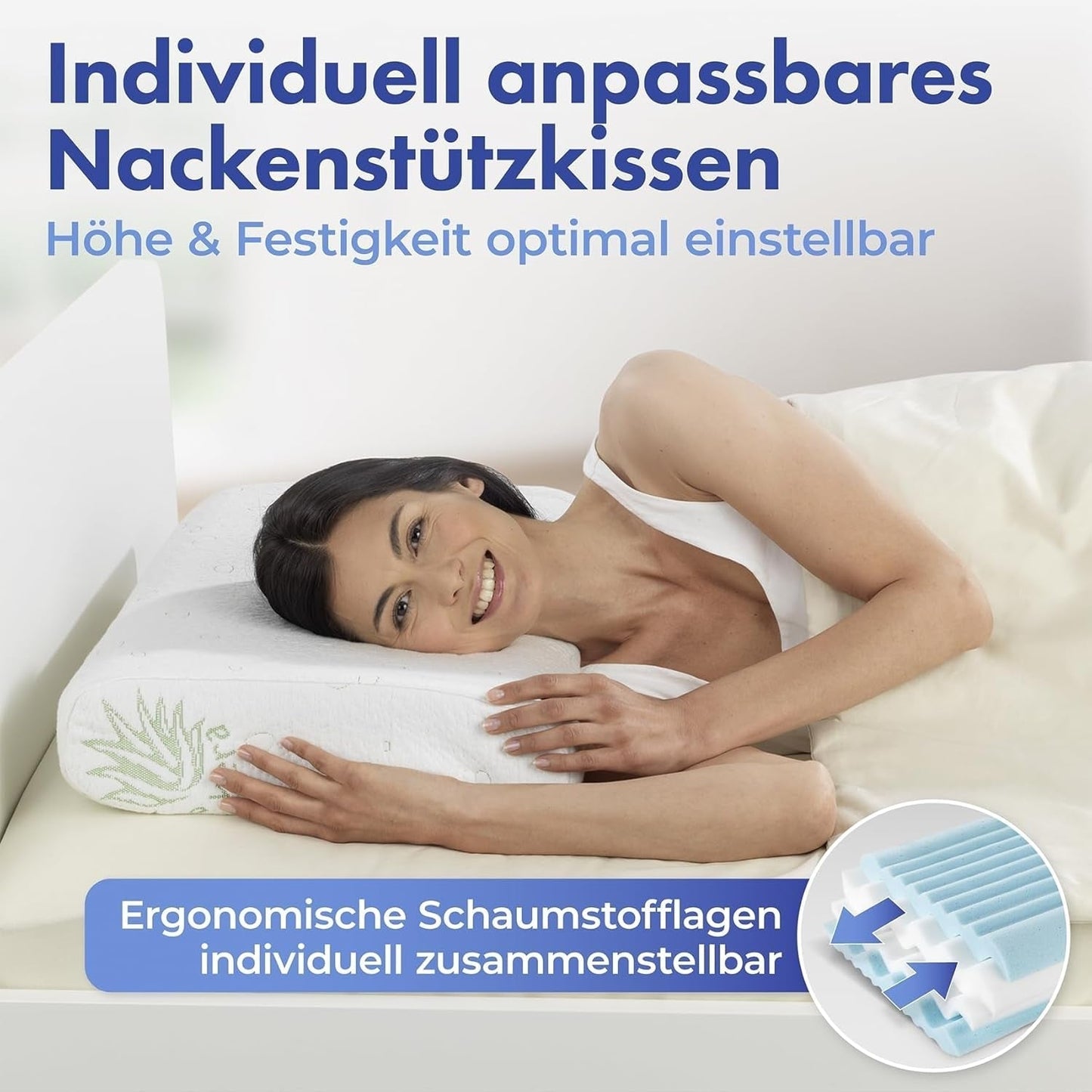 Poduszka podtrzymująca szyję Maximex Visco, Oddychająca poduszka podtrzymująca z ergonomicznym wypełnieniem piankowym, Poduszka podtrzymująca szyję z regulacją wysokości i wysokości zapewniająca spokojny sen, Z aloesem Standardowe poduszki Naty Shop
