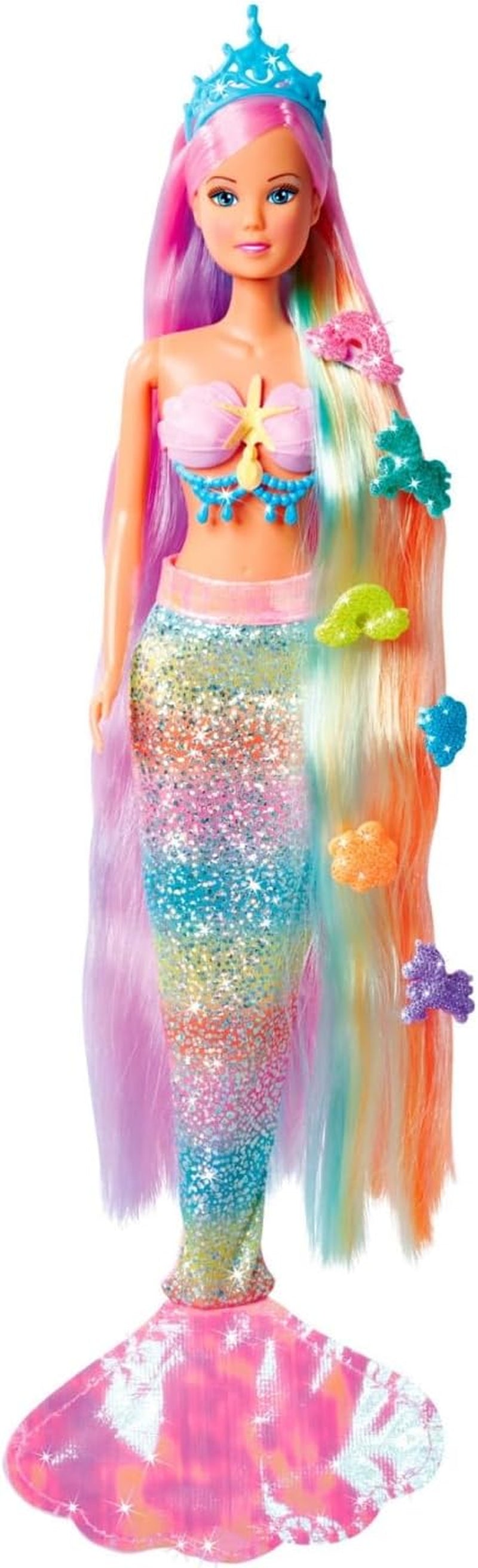 Simba 105733610 - Steffi Love Rainbow Mermaid, Rainbow Mermaid Dress Up Doll z kolorowymi włosami, spinkami do włosów, grzebieniem i odpinaną płetwą, lalka do zabawy 29 cm, wiek 3+ Naty Shop Dolls Domyślny tytuł