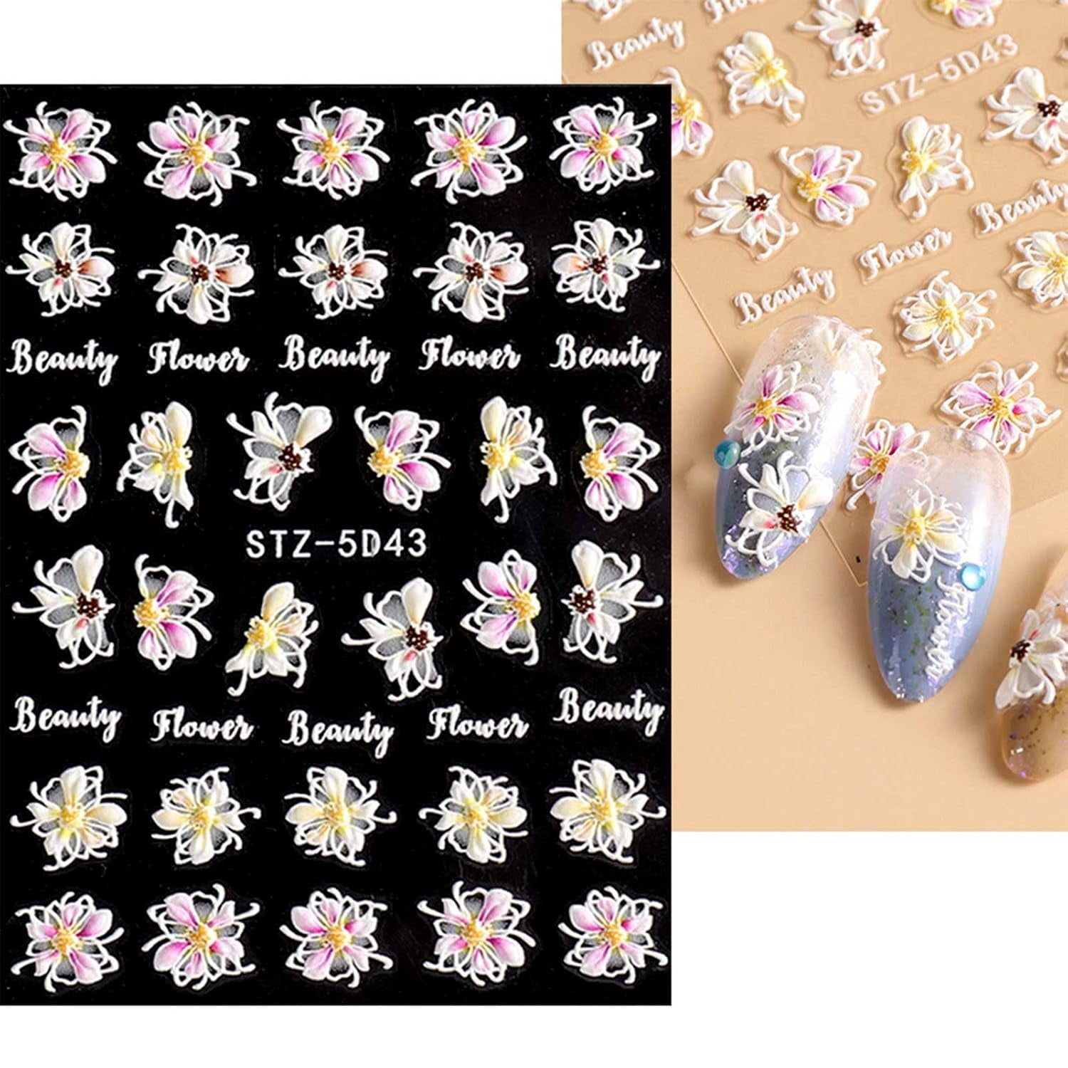 JMEOWIO 3D Nagelsticker Frühling Blume Nail Art Naklejka Selbstklebend Nagelaufkleber 5D Stereoskopisch Buntes Sommer Blumen Dekoration Nageldesign Zubehör 4 Blatt