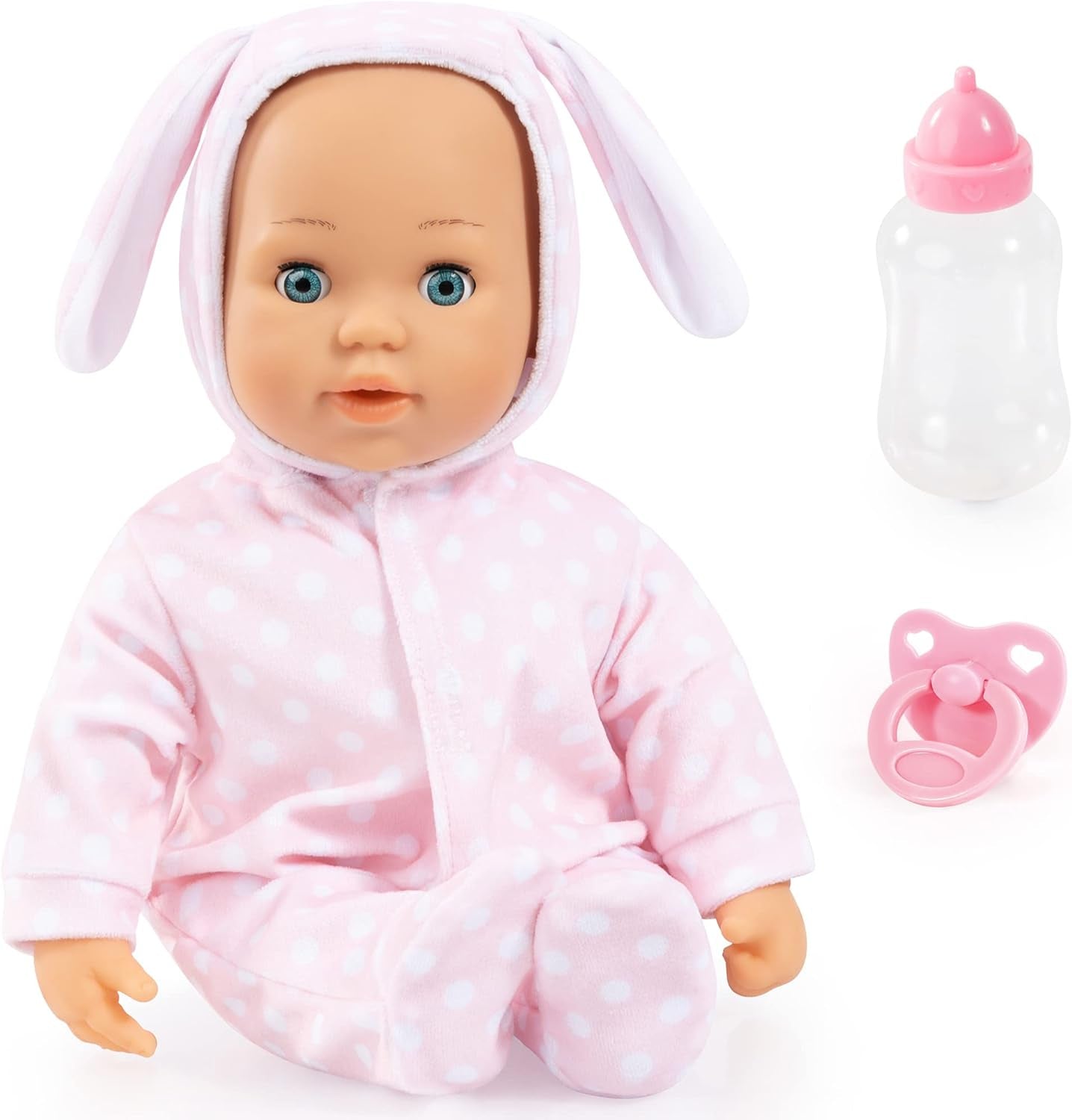 Bayer Design 93822AA Babypuppe Anna, sricht 24 Babylaute, weicher Körper, Schlafaugen, Schnuller, Flasche, 38 cm, różowy, mały