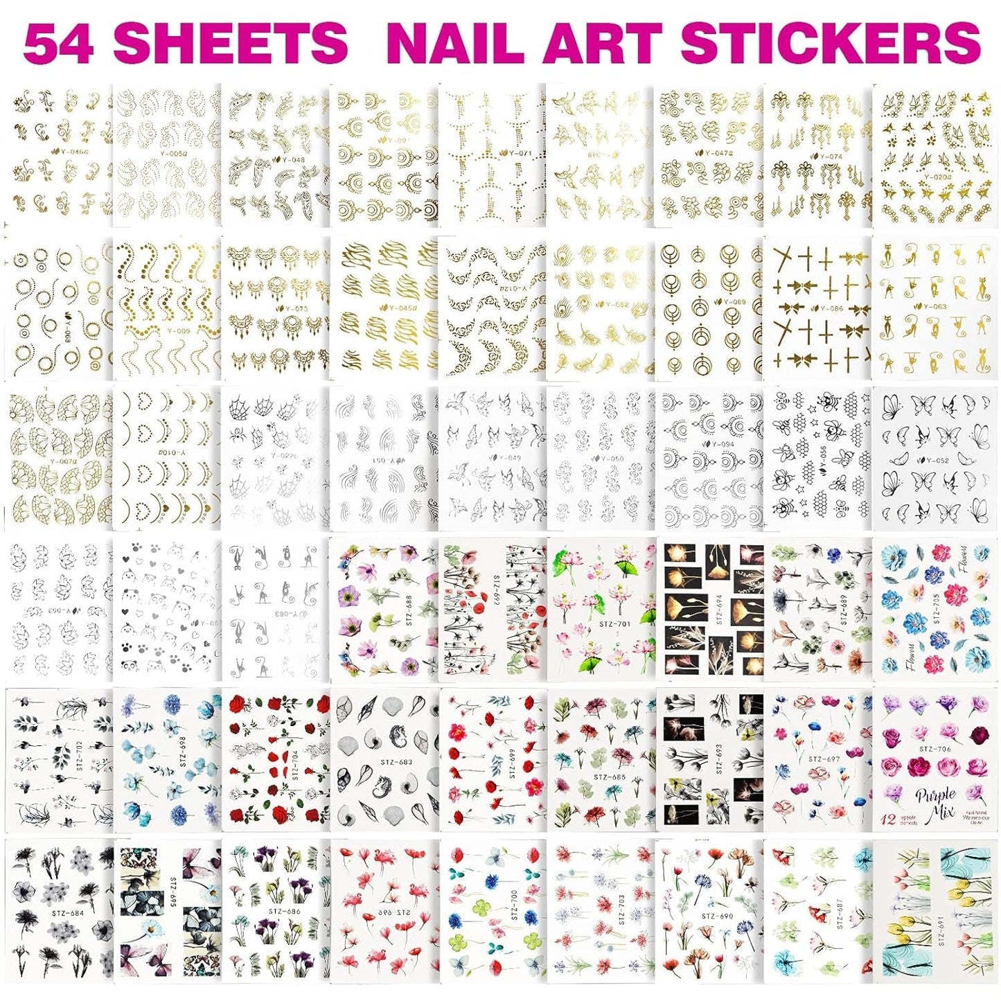 FANDAMEI 54 Blätter Wassertransfer Nagelsticker & Nail Art Pinsel Set, Kropkowane długopisy, Blattgold Für Nagelkunst, Streifenband, Strasssteine, Werkzeug Und Dekorationen Set Für Nagelkunst Maniküre Set