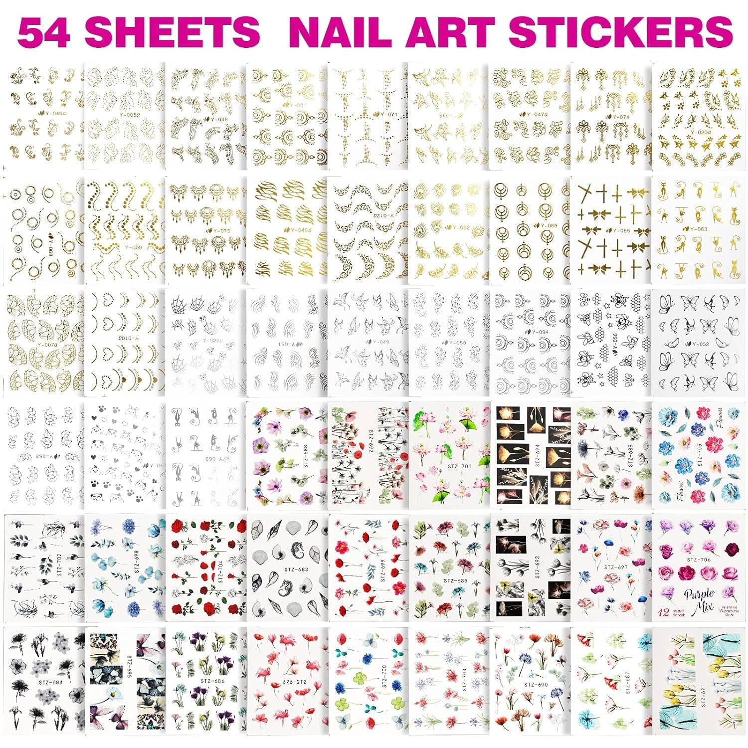 FANDAMEI 54 Blätter Wassertransfer Nagelsticker & Nail Art Pinsel Set, Kropkowane długopisy, Blattgold Für Nagelkunst, Streifenband, Strasssteine, Werkzeug Und Dekorationen Set Für Nagelkunst Maniküre Set